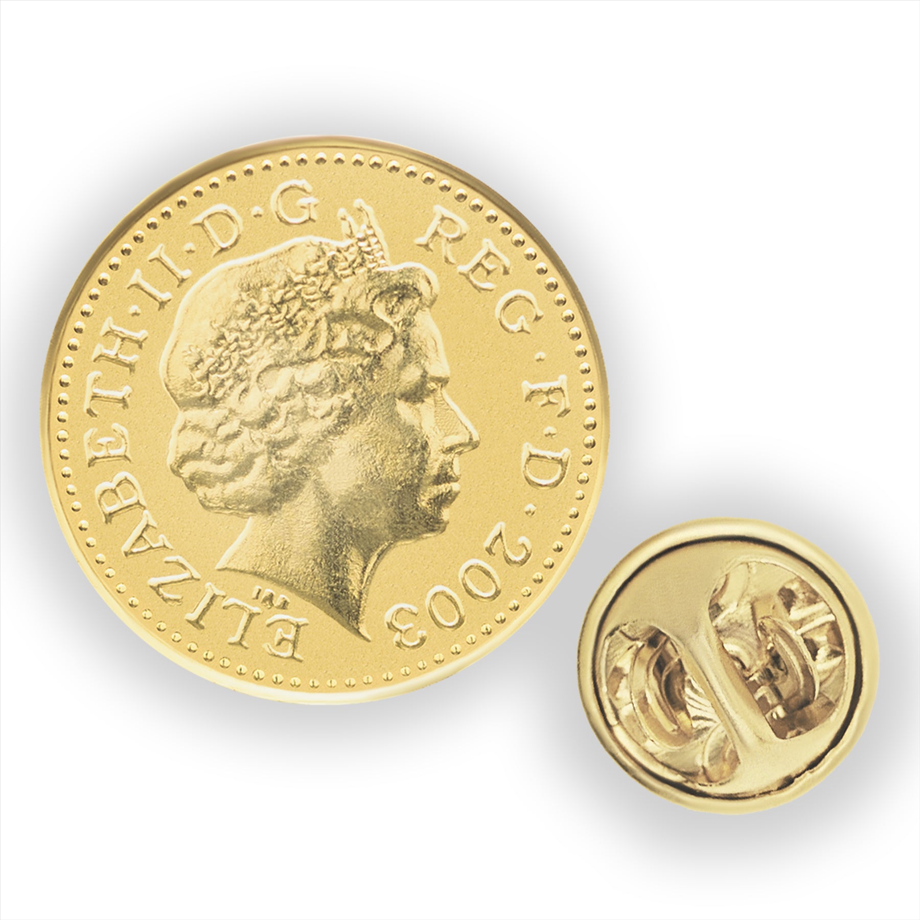 British Coin Pin Brooch Badge | Vintage Collectible Jewelry | 18K Gold Plated One 1 Penny | Queen Elizabeth II