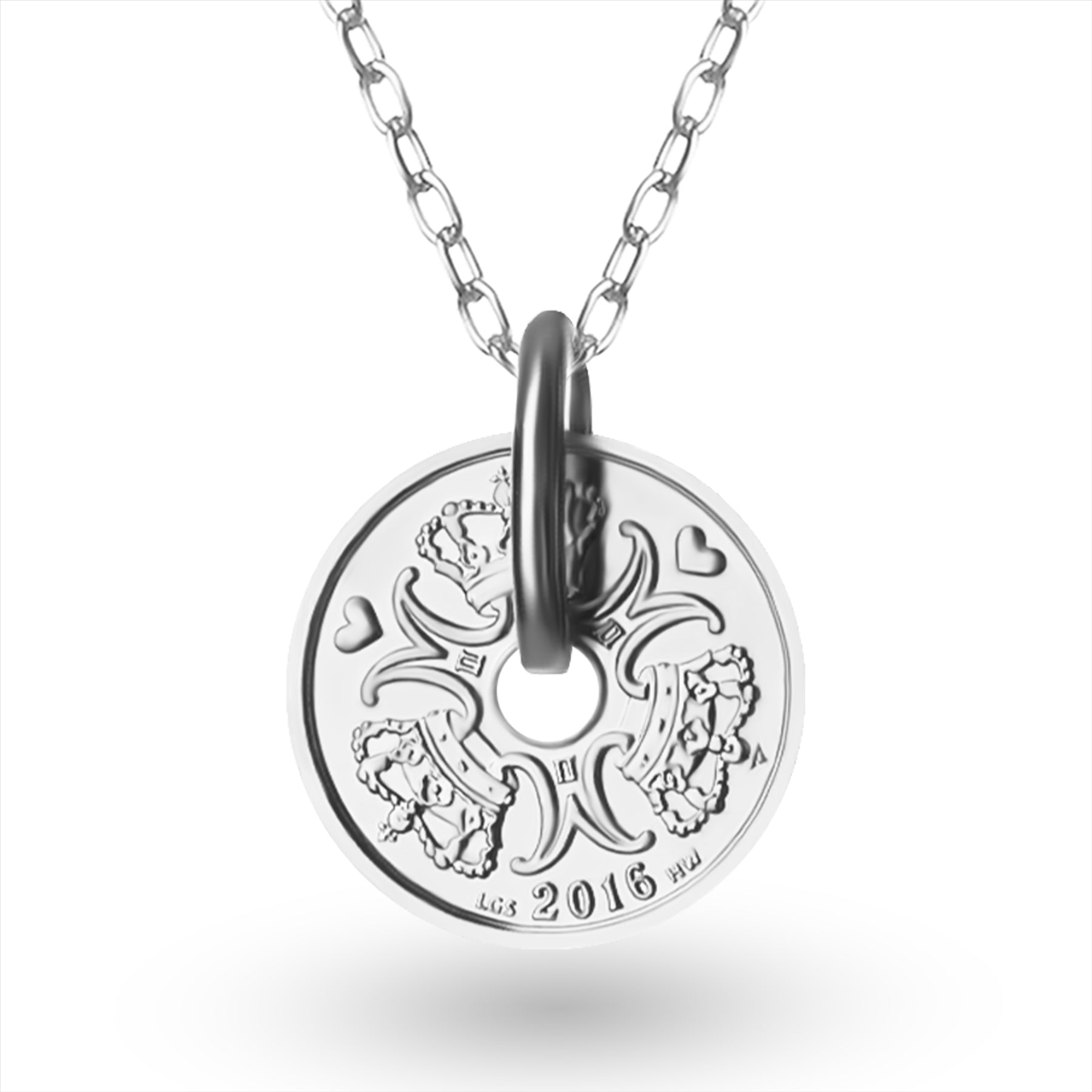 Collier avec pièce danoise | Pendentif médaillon | Plaqué rhodium 1 couronne | Danemark | 1992-2023