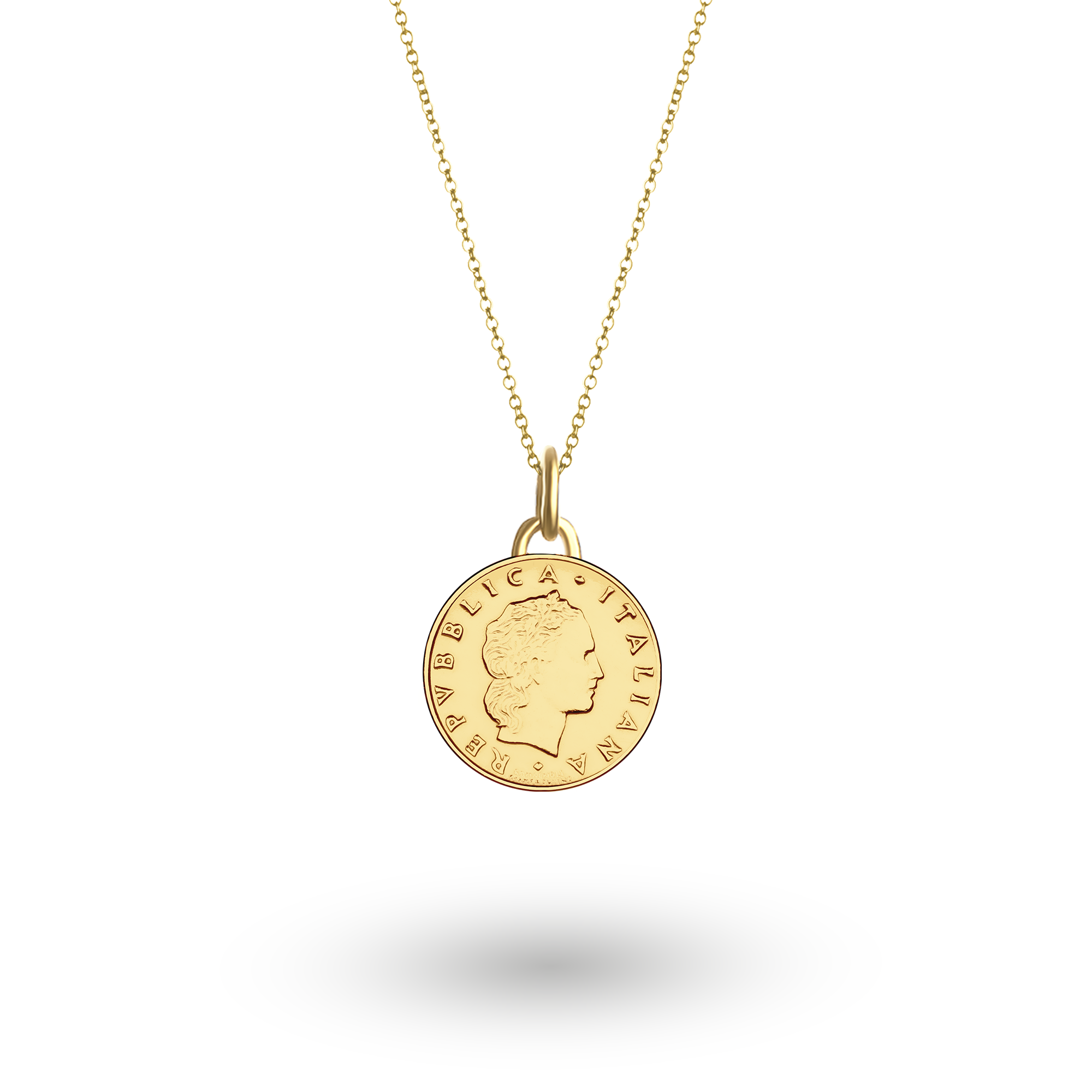 Collar con moneda italiana | Medallón colgante | 50 liras bañadas en oro de 18 quilates | 1990-1995