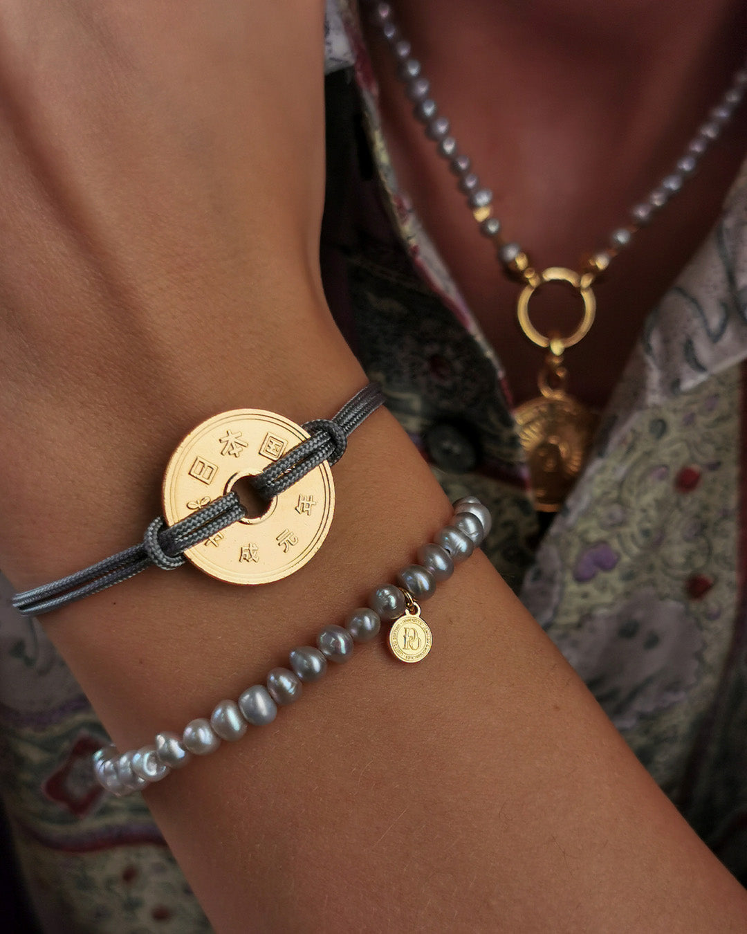 Good Luck Coin Bracelet | Gray String Thread Wristband | Japan Coin 5 Yen | 18k Gold Plated Fortune Wealth & Protection