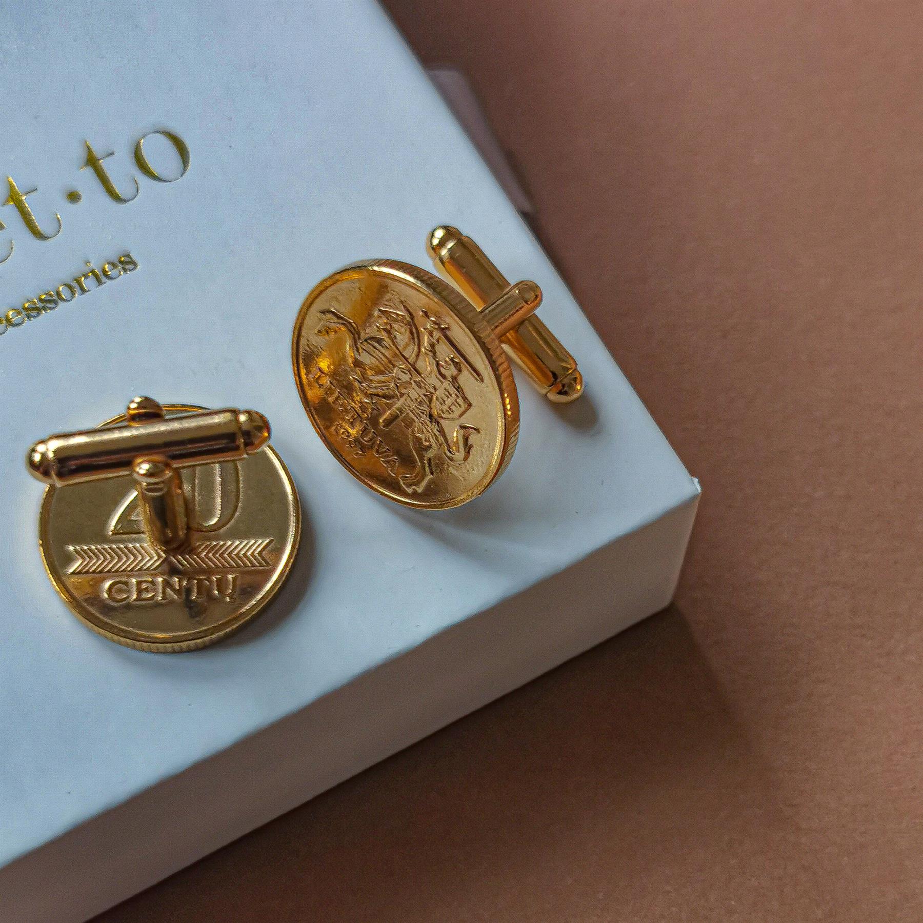 Gold Plated Lithuanian 20 Cents Coin Cufflinks | Vytis Knight | Handcrafted Lithuanian Gift