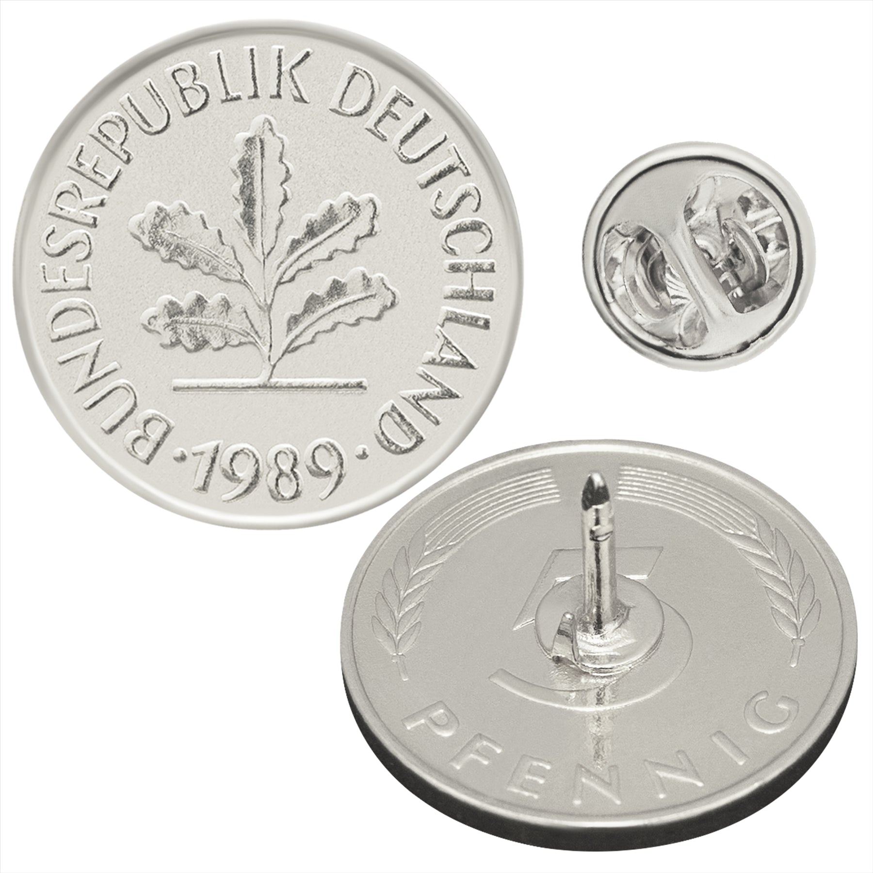 German Coin Pin Brooch Badge | Vintage Collectible Jewelry | 5 Pfennig Nickel Plated | Oak Seedling | German Roots