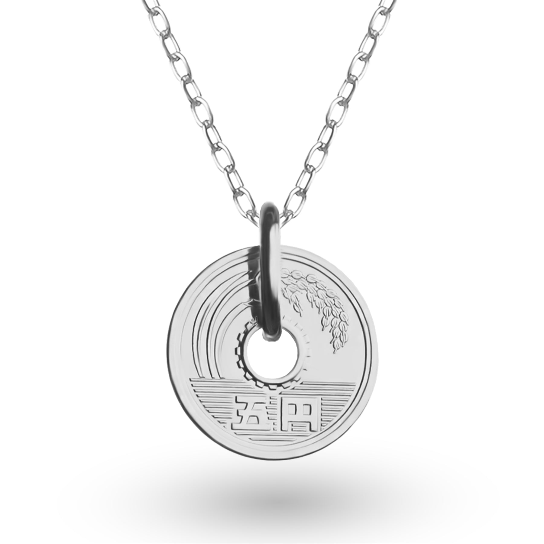 Japanese Coin Necklace | Medallion Pendant Jewelry | Rhodium Plated 5 Yen | 1949 - 2024