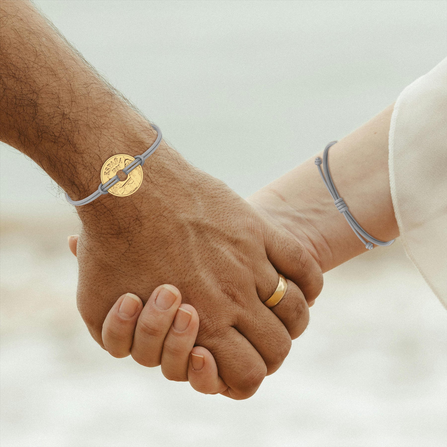 Good Luck Coin Bracelet | Gray String Thread Wristband | Spain 25 Pesetas | 18k Gold Plated Fortune Wealth & Protection