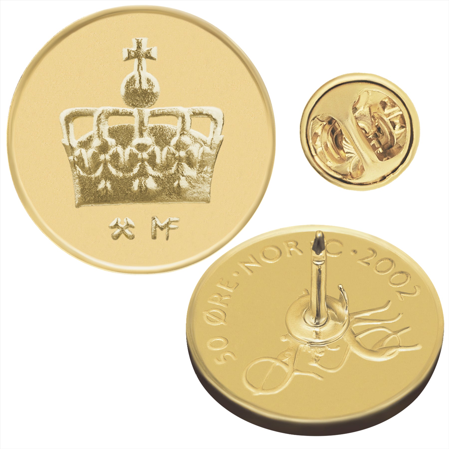 Norway Coin Pin Brooch Badge | Vintage Collectible Jewelry | 50 Ore 18K Gold Plated | King Crown | Mythical Dragon