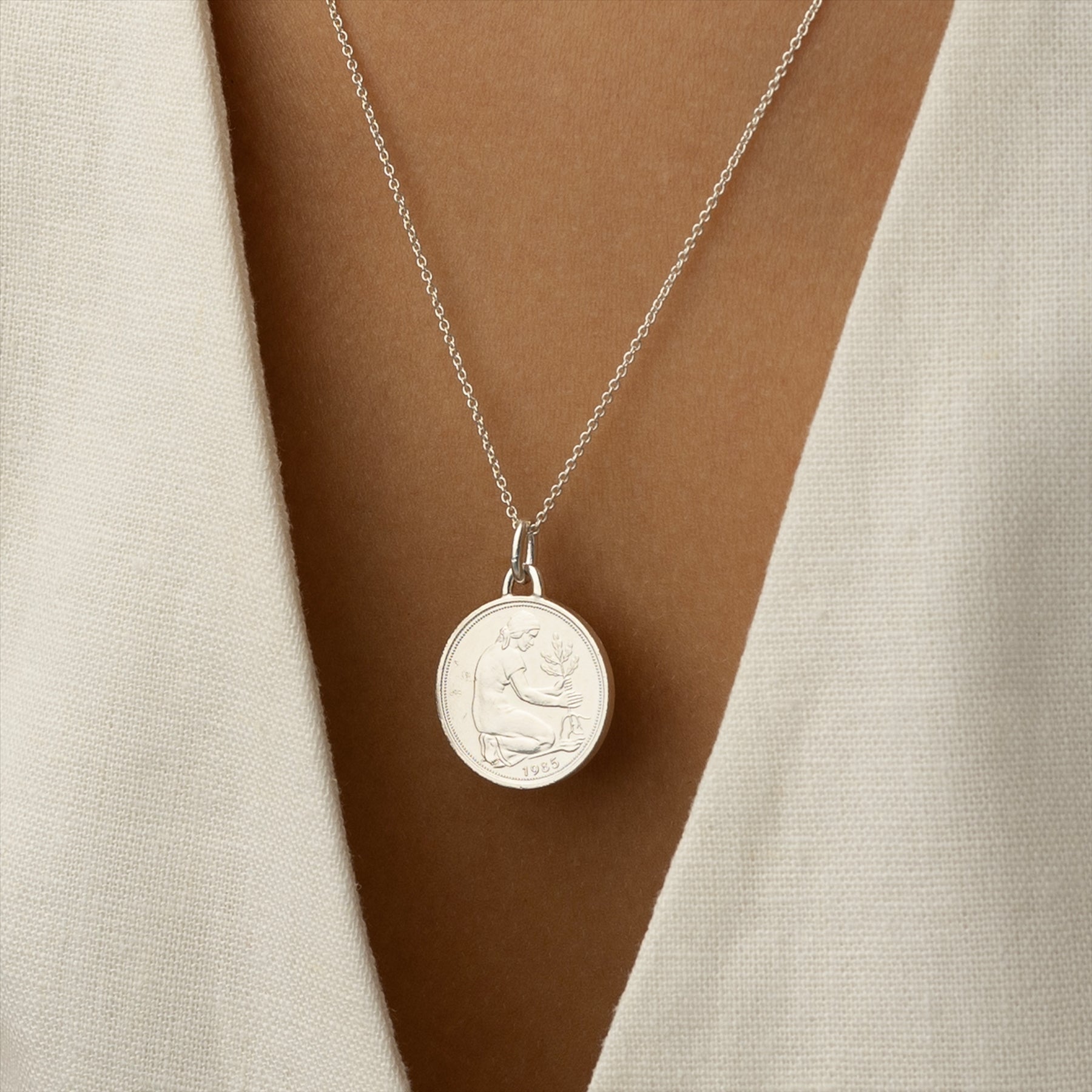German Coin Necklace | Medallion Pendant Jewelry | Rhodium Plated 50 Pfennigs | 1950 - 2001