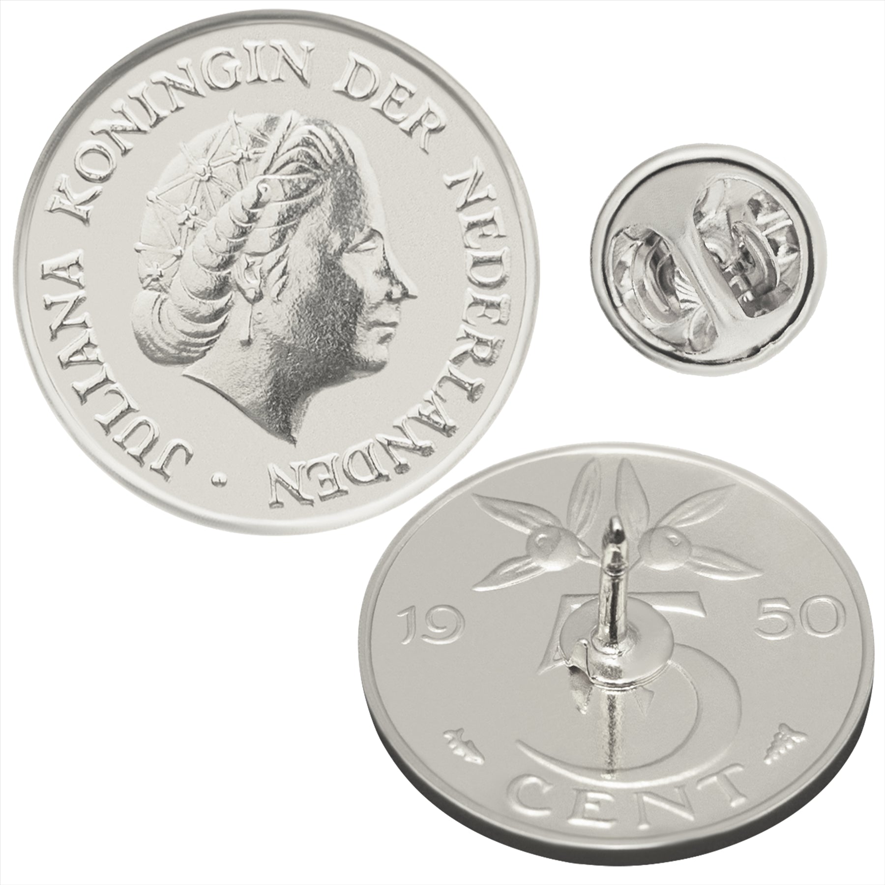 Dutch Coin Pin Brooch Badge | Vintage Collectible Jewelry | 5 Cent Nickel Plated | Queen Juliana