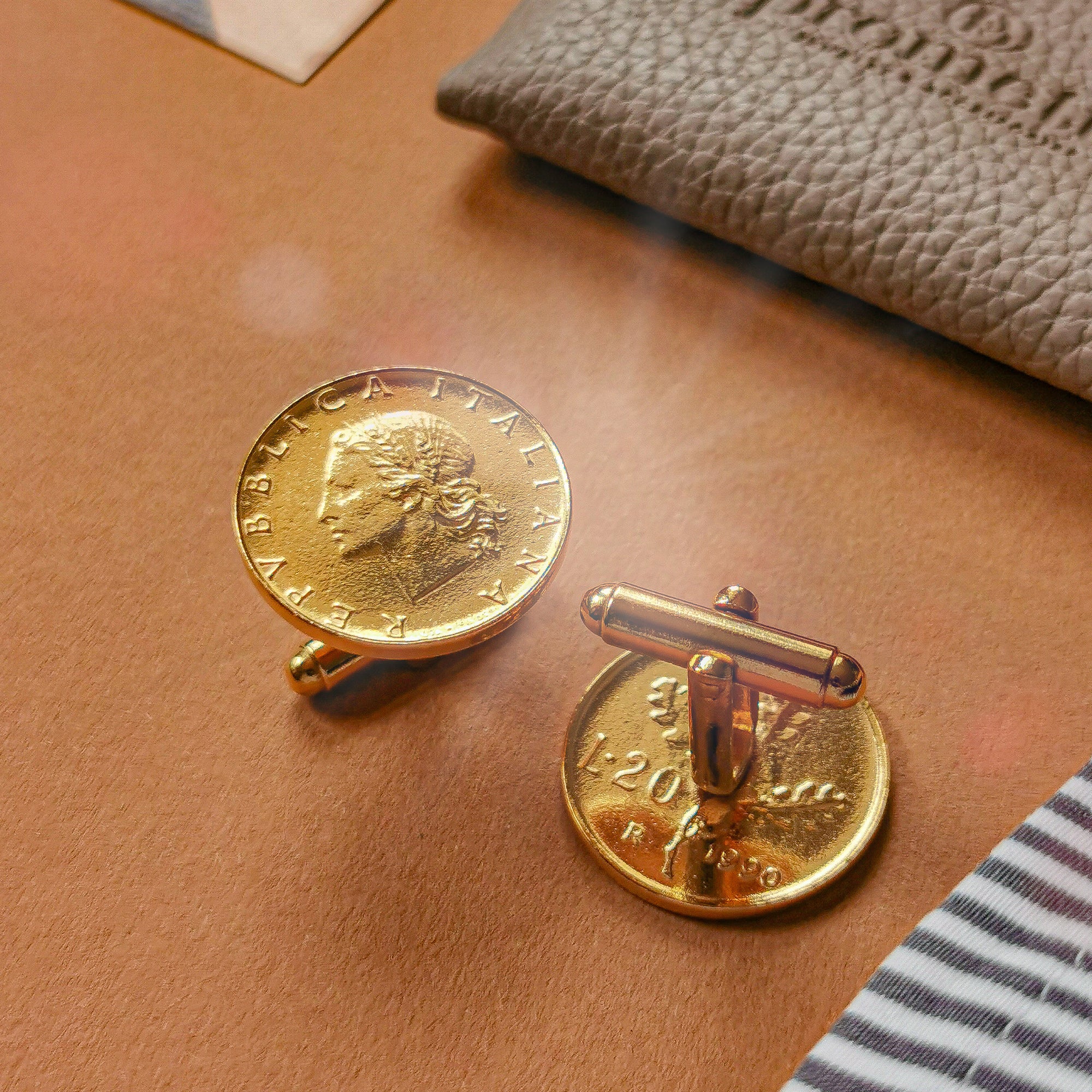 Gold Plated Italian 20 Lire Coin Cufflinks | Oak Branch Design | Vintage Italy Gift