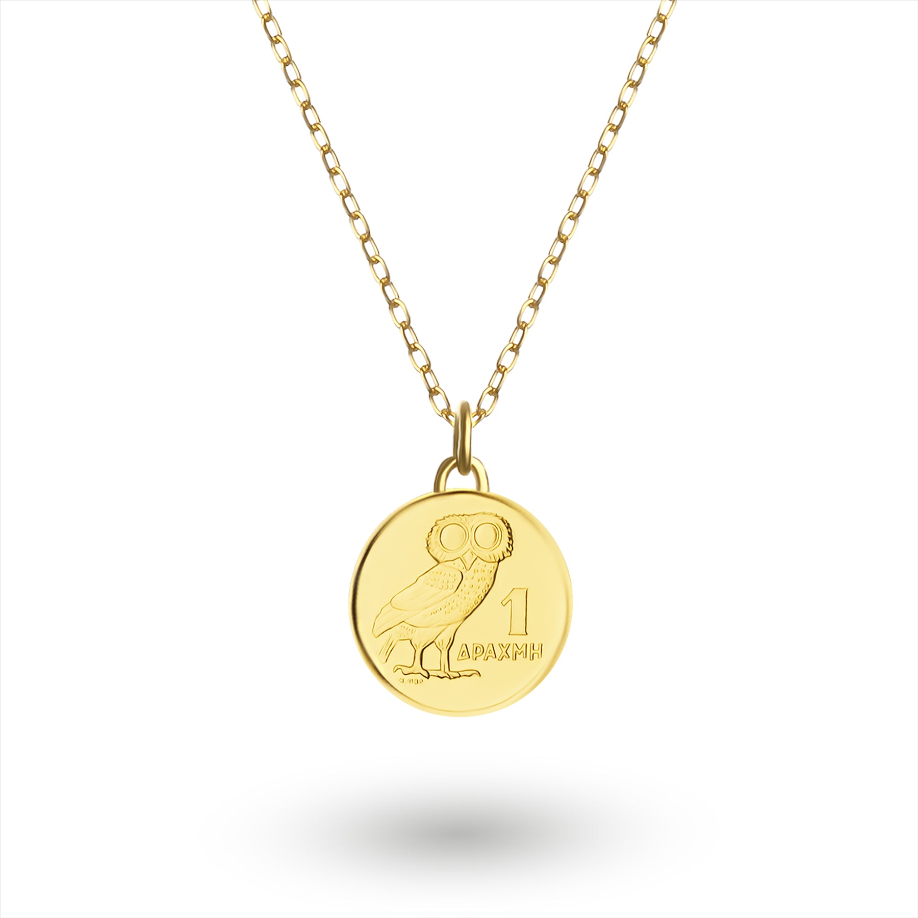 Collar con moneda griega de 1 dracma auténtica, bañado en oro de 24 quilates | Medallón | Búho | 1973