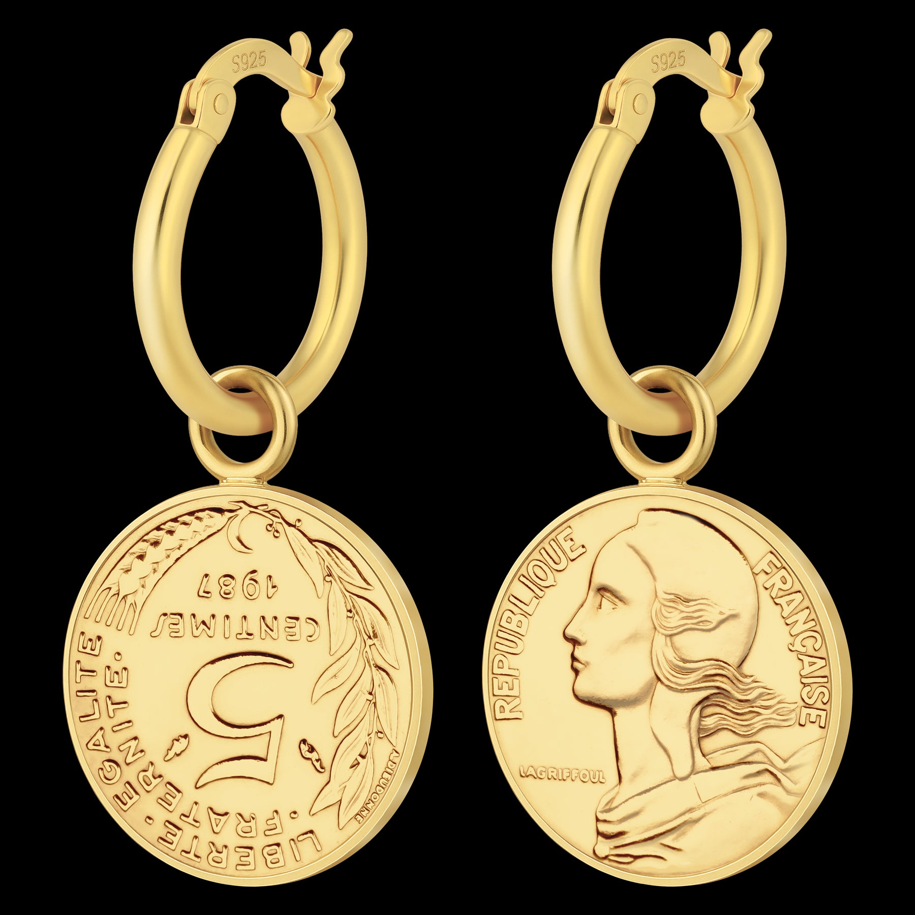 Silver Hoop Earrings | French 5 Centimes Coin Charms | 18K Gold Plated