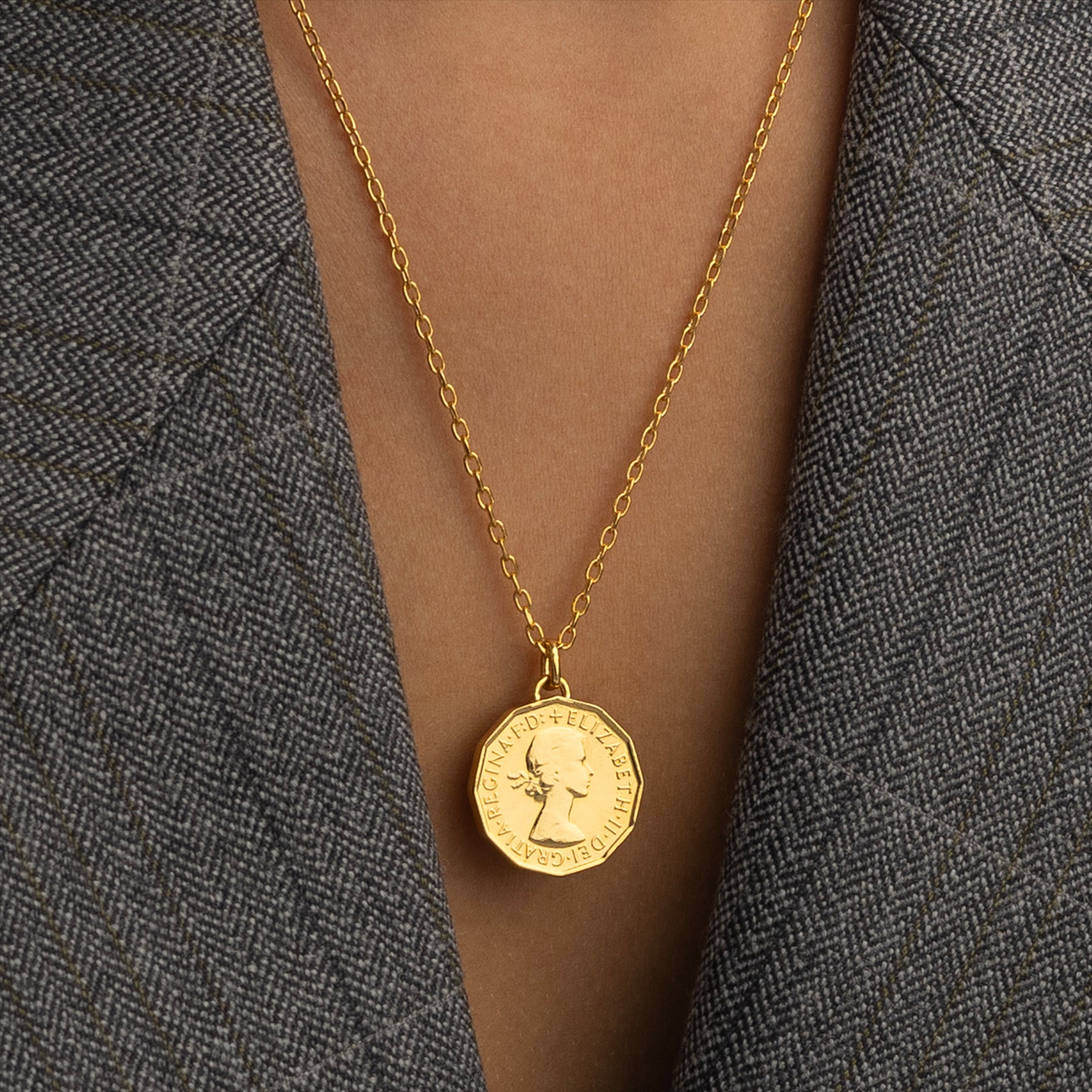 British Coin Necklace | Medallion Pendant Jewelry | 18K Gold Plated 3 Pence | Queen Elizabeth II | 1954 - 1970