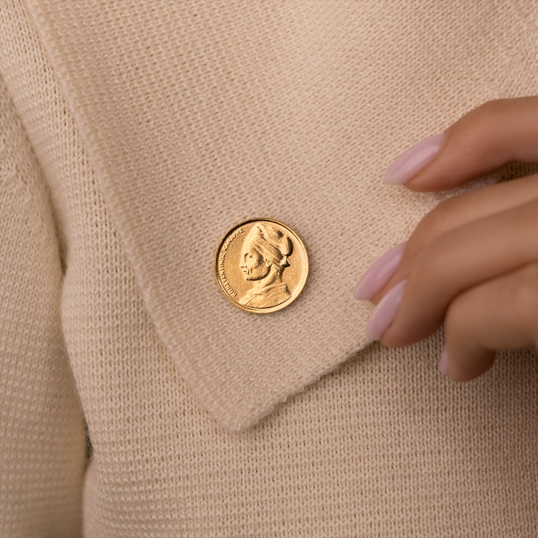 Greek Coin Pin Brooch Badge | Vintage Collectible Jewelry | 1 Drachma 18K Gold Plated | Constantine Kanaris | Corvette Boat
