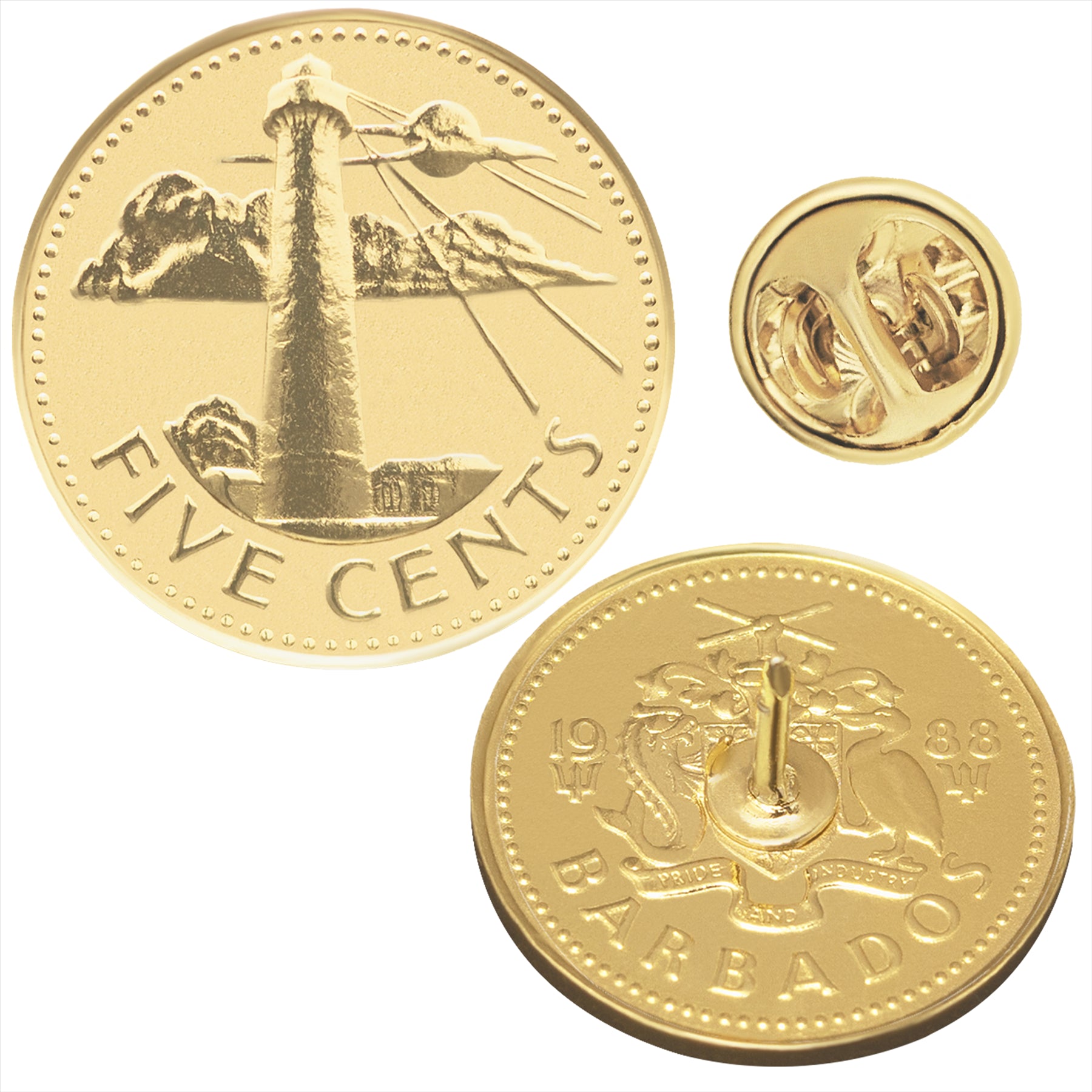 Barbados Coin Pin Brooch Badge | Lighthouse | Navy | Sailor | Journey | Vintage Collectible Jewelry | 5 Cents 18K Gold Plated