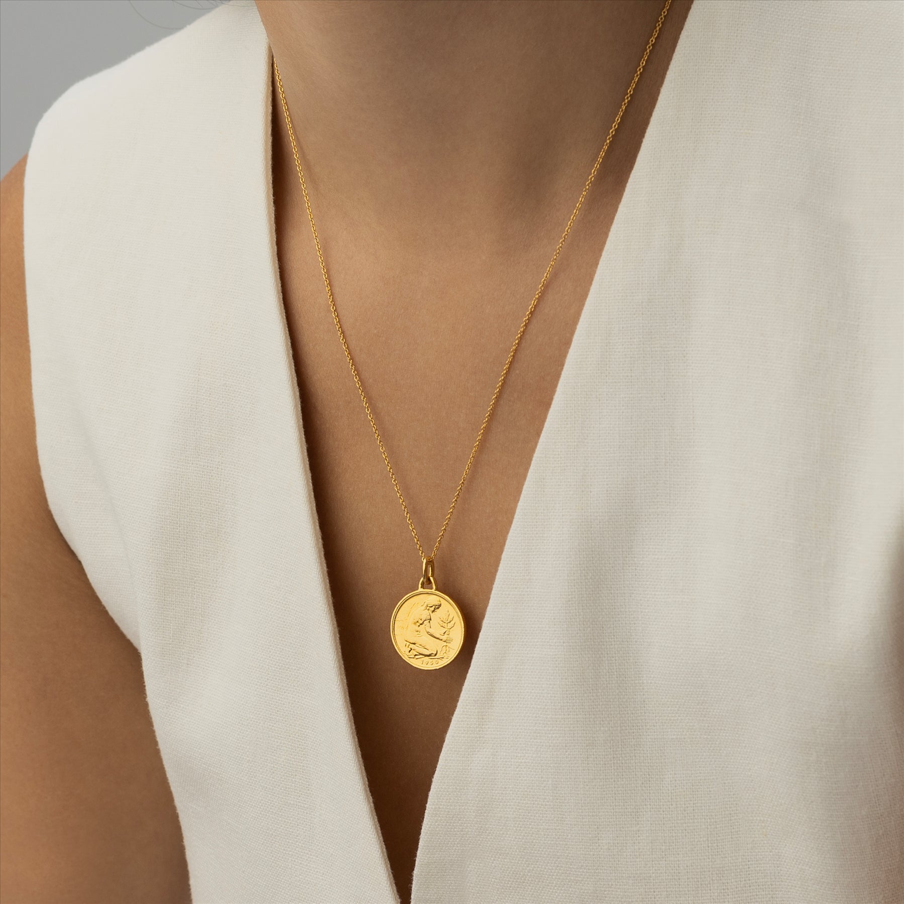 German Coin Necklace | Medallion Pendant Jewelry | 18K Gold Plated 50 Pfennigs | 1950 - 2001