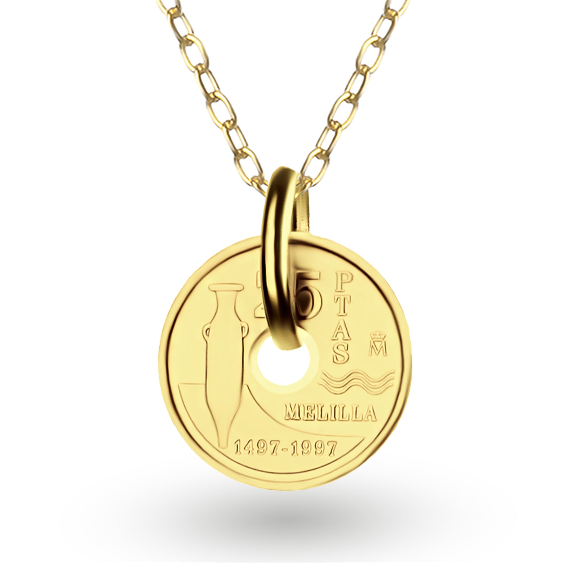 Spanish Coin Necklace | Medallion Pendant Jewelry | 18k Gold Plated 25 Pesetas | Melilla | 1997