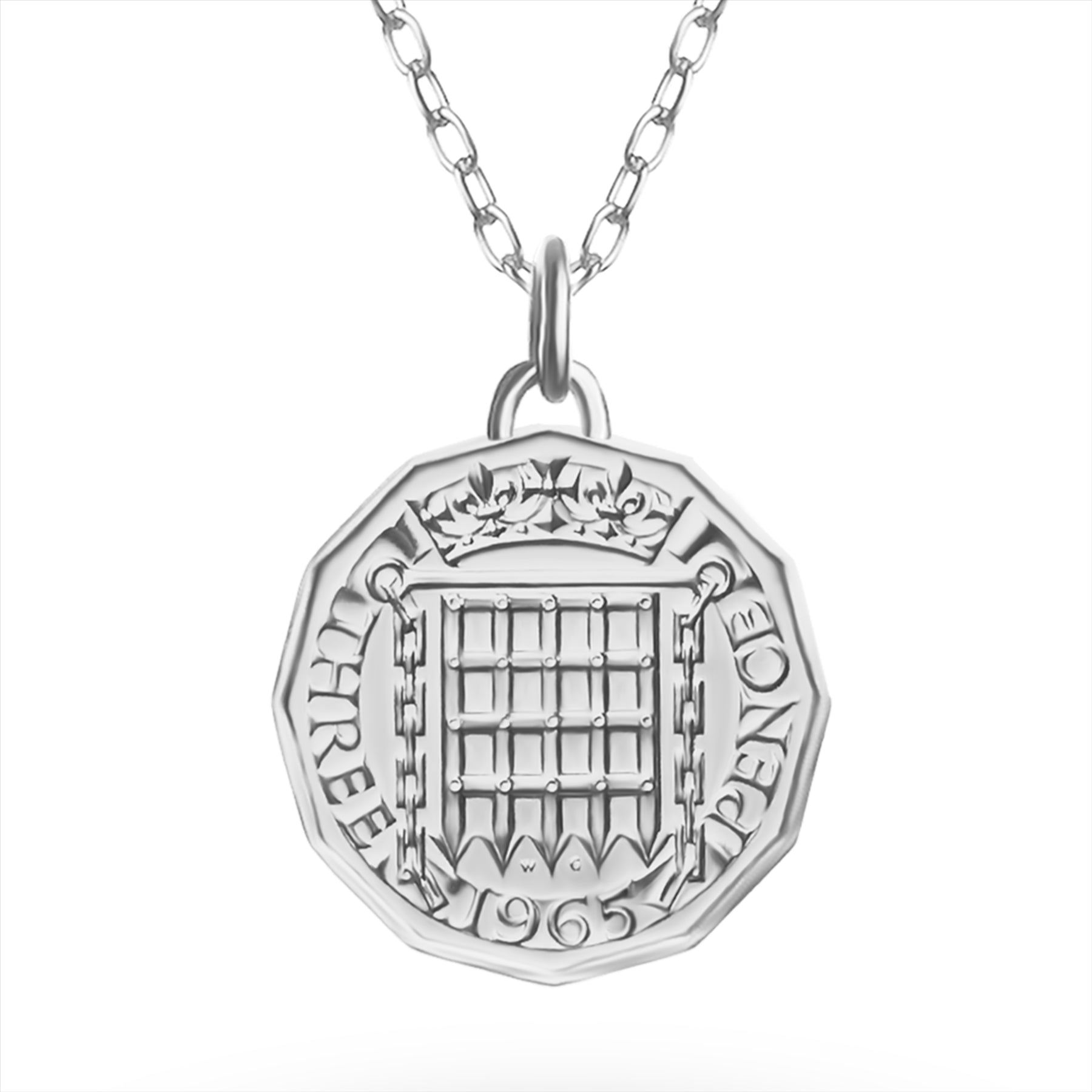 Collar con moneda británica | Medallón colgante | 3 peniques rodiados | Reina Isabel II | 1954-1970