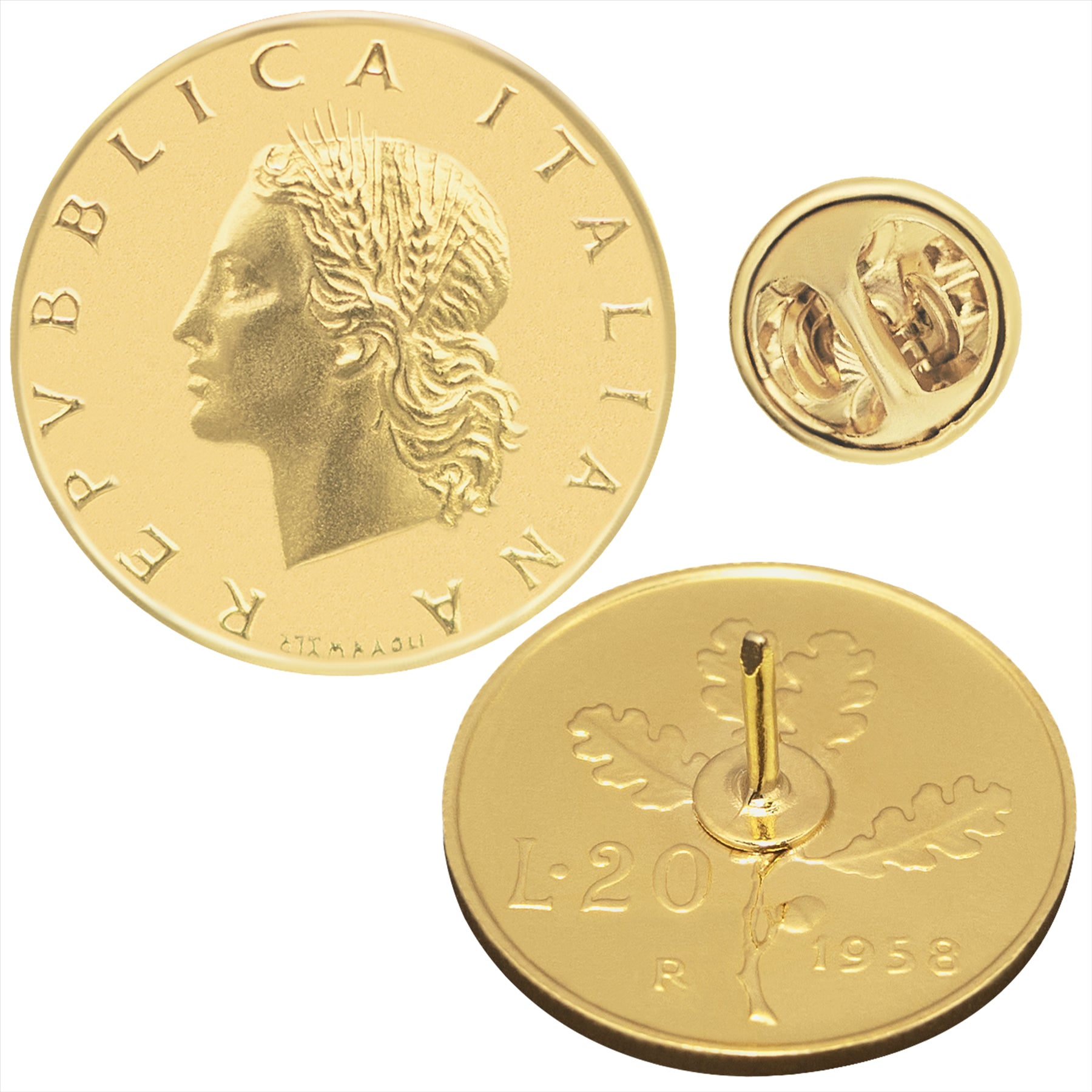 Italian Coin Pin Brooch Badge | Vintage Collectible Jewelry | 20 Lire 18K Gold Plated | Goddess Roma