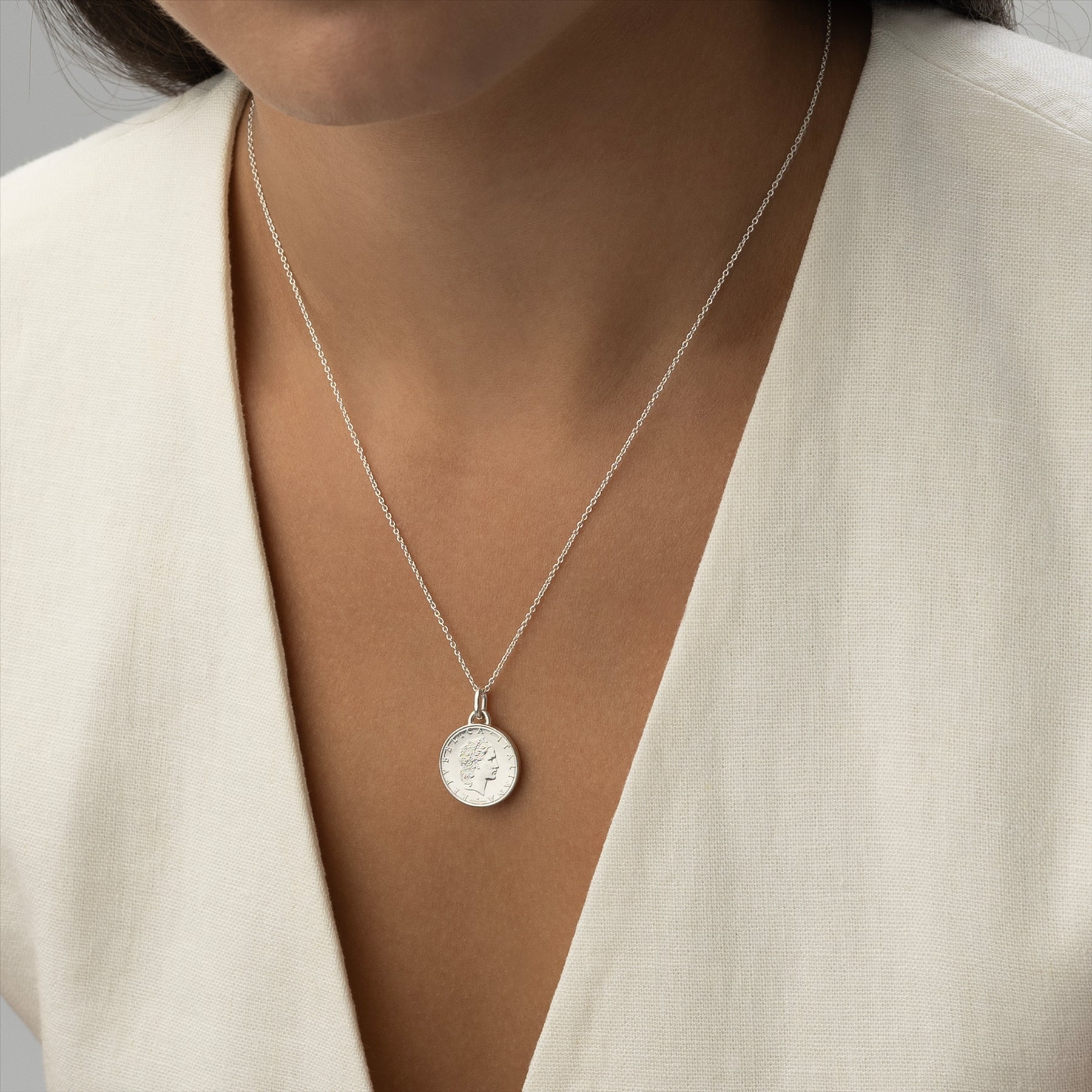 Italian Coin Necklace | Medallion Pendant Jewelry | Rhodium Plated 50 Lira | 1990 - 1995