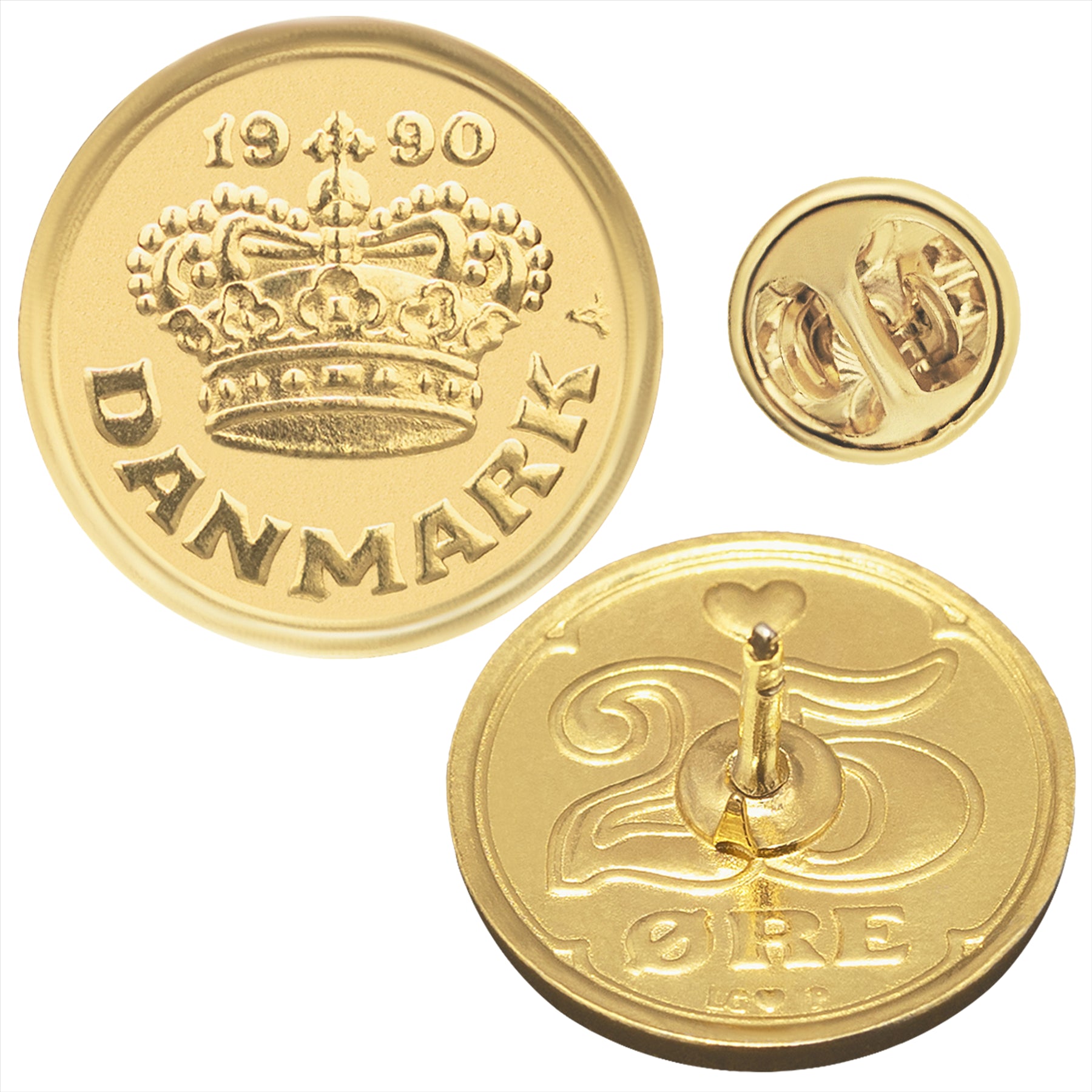 Denmark Coin Pin Brooch Badge | Vintage Collectible Jewelry | 25 Ore 18K Gold Plated | Danish Queen Crown Love Heart