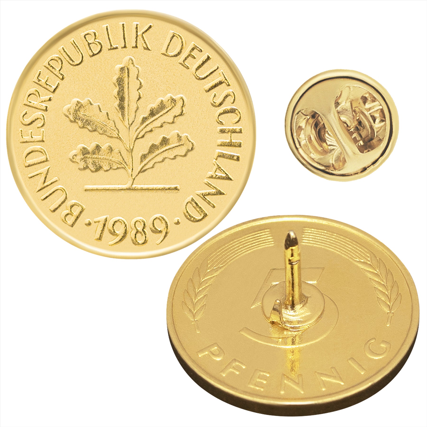 German Coin Pin Brooch Badge | Vintage Collectible Jewelry | 5 Pfennig 18K Gold Plated | Oak Seedling | German Roots