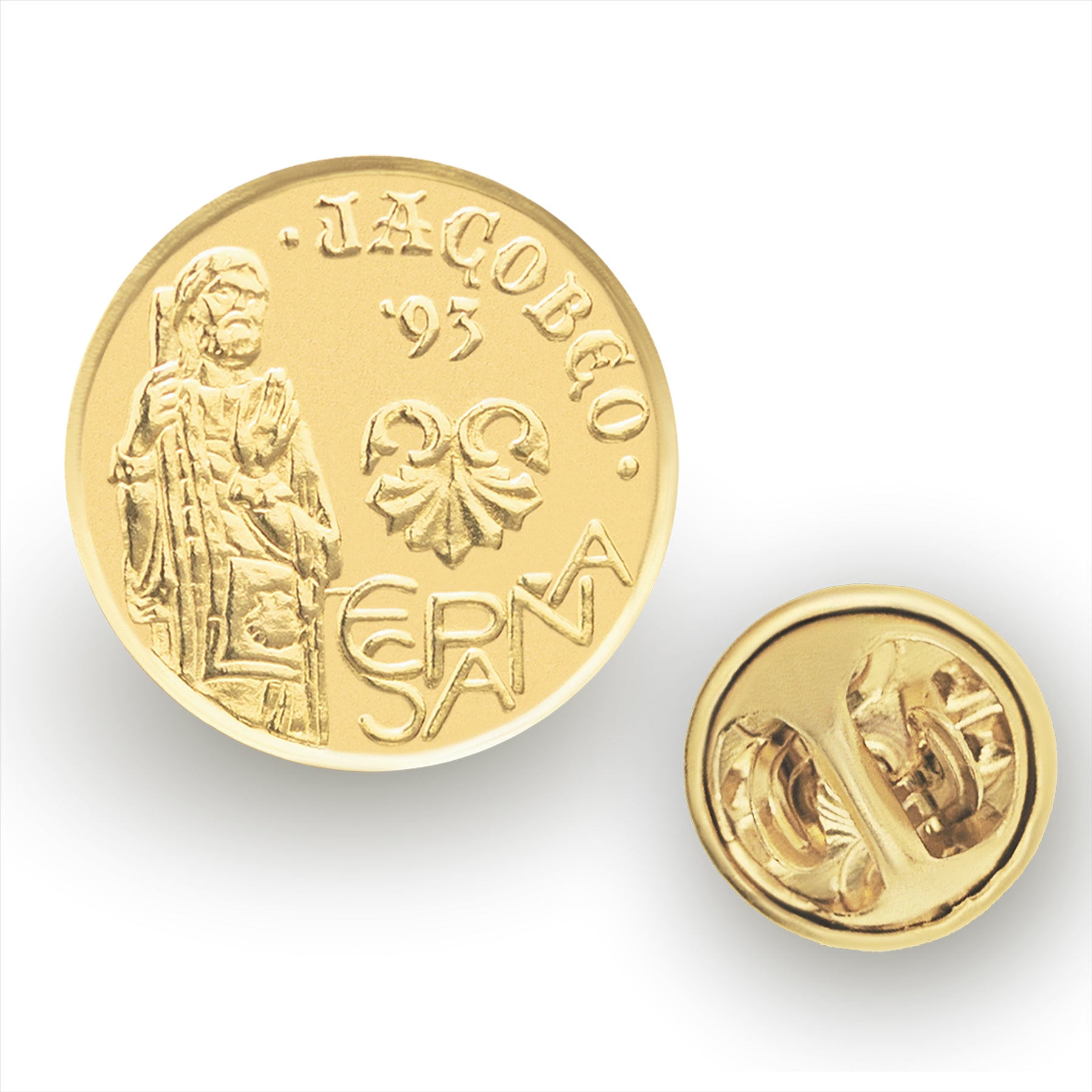 Spanish Coin Pin Brooch Badge | Vintage Jewelry | Jacobeo 5 Pesetas 18K Gold Plated | Saint James | Camino de Santiago | Spiritual Religious Lapel
