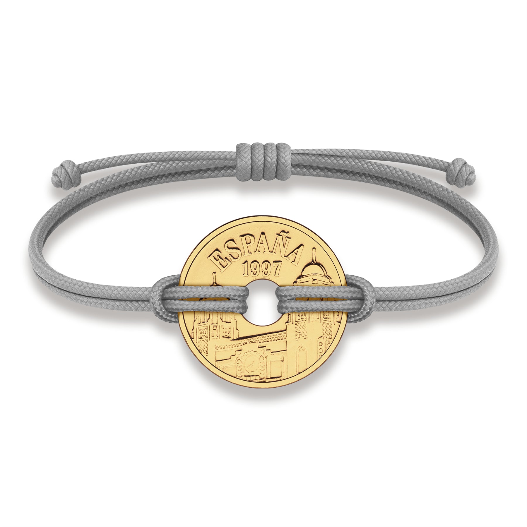 Good Luck Coin Bracelet | Gray String Thread Wristband | Spain 25 Pesetas | 18k Gold Plated Fortune Wealth & Protection