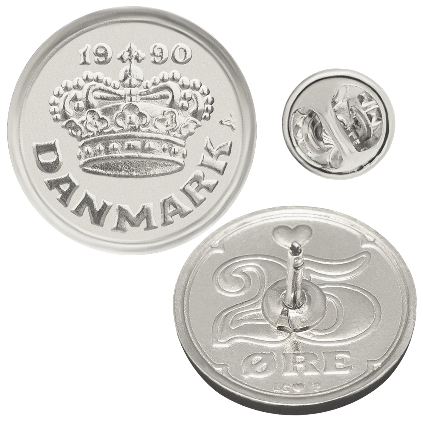 Denmark Coin Pin Brooch Badge | Vintage Collectible Jewelry | 25 Ore Nickel Plated | Danish Queen Crown Love Heart