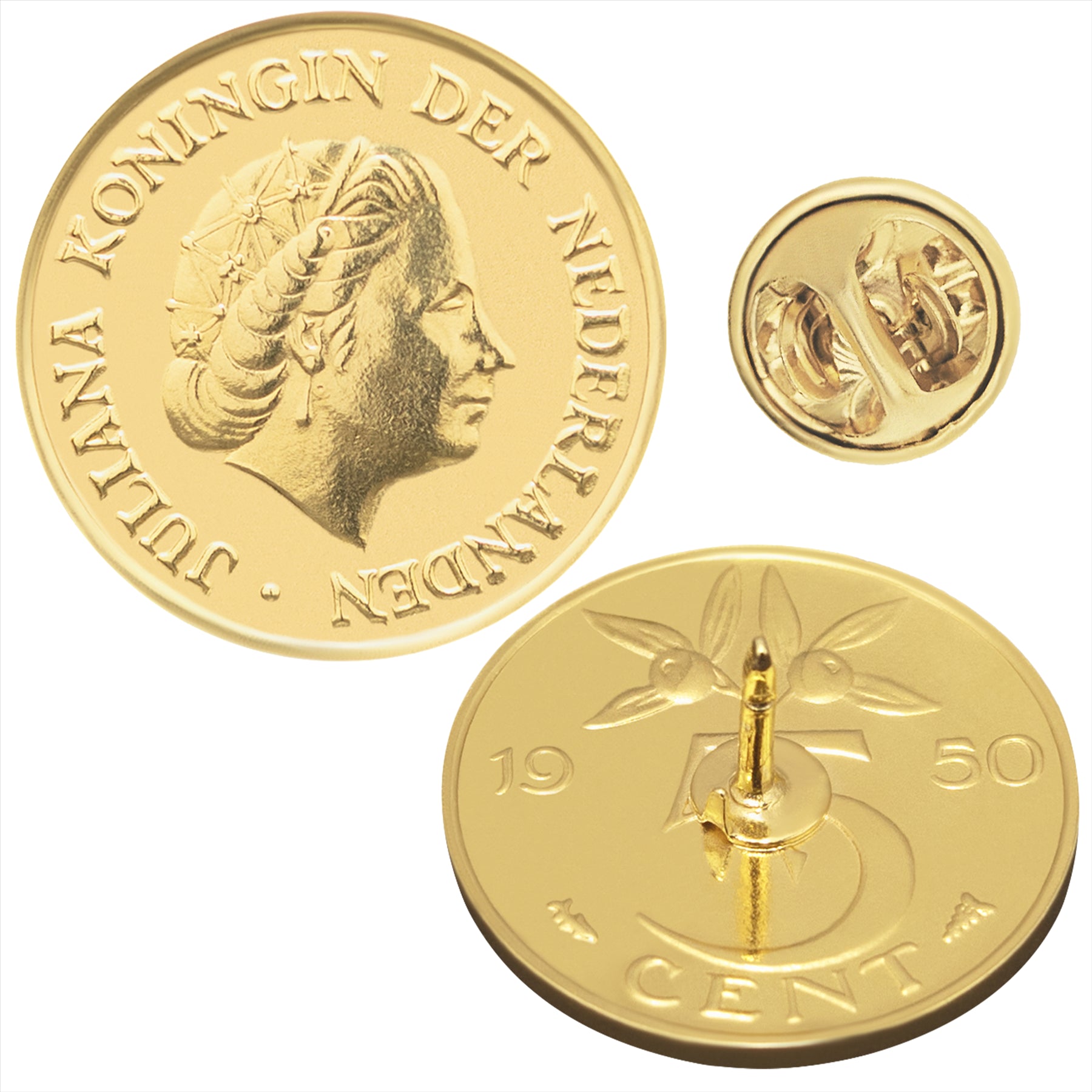 Dutch Coin Pin Brooch Badge | Vintage Collectible Jewelry | 5 Cent 18K Gold Plated | Queen Juliana