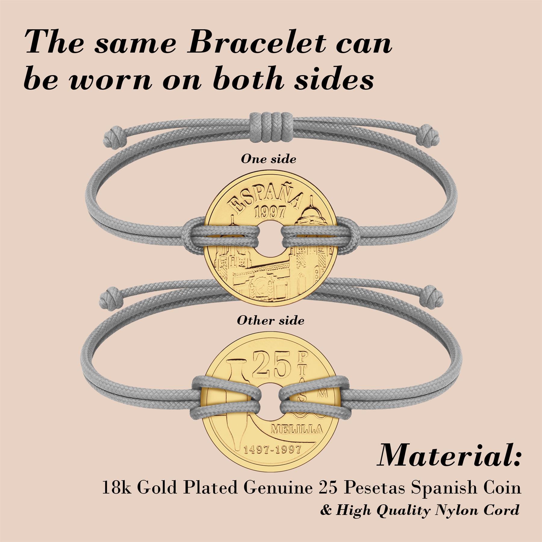 Good Luck Coin Bracelet | Gray String Thread Wristband | Spain 25 Pesetas | 18k Gold Plated Fortune Wealth & Protection
