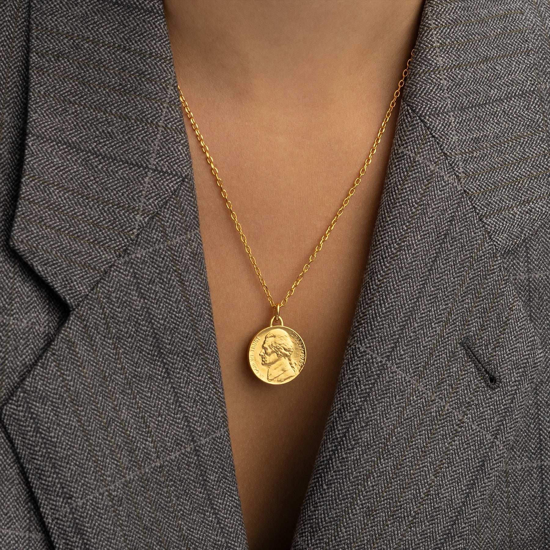 US Coin Necklace | Medallion Pendant Jewelry | 18K Gold Plated United States 5 Cents | T. Jefferson | 2002