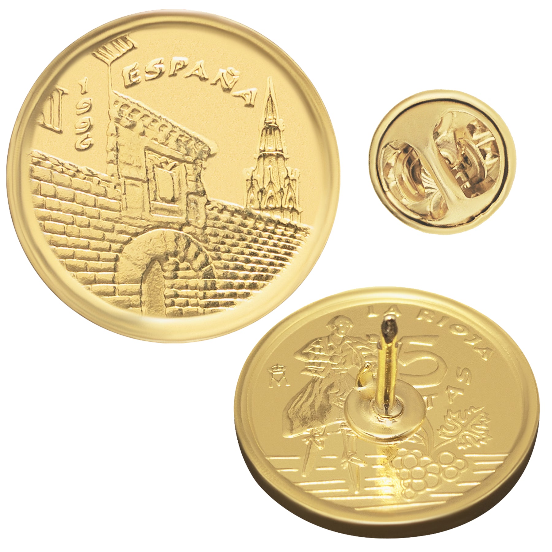 Spanish Coin Pin Brooch Badge | Vintage Collectible Jewelry | 5 Pesetas 18K Gold Plated | Gate of Carlos V | 1996 | Spanish Renaissance and Significant Historical Achievements