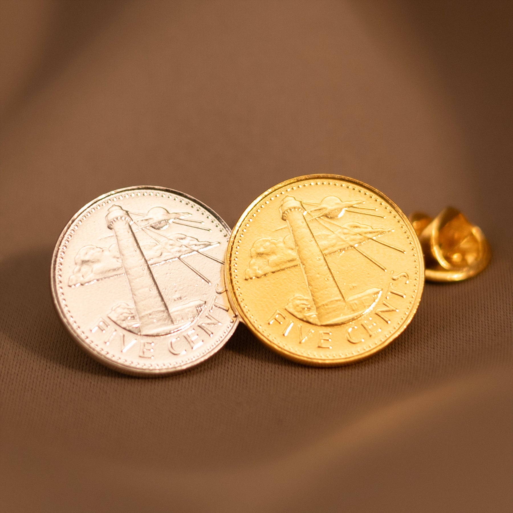 Barbados Coin Pin Brooch Badge | Lighthouse | Navy | Sailor | Journey | Vintage Collectible Jewelry | 5 Cents 18K Gold Plated