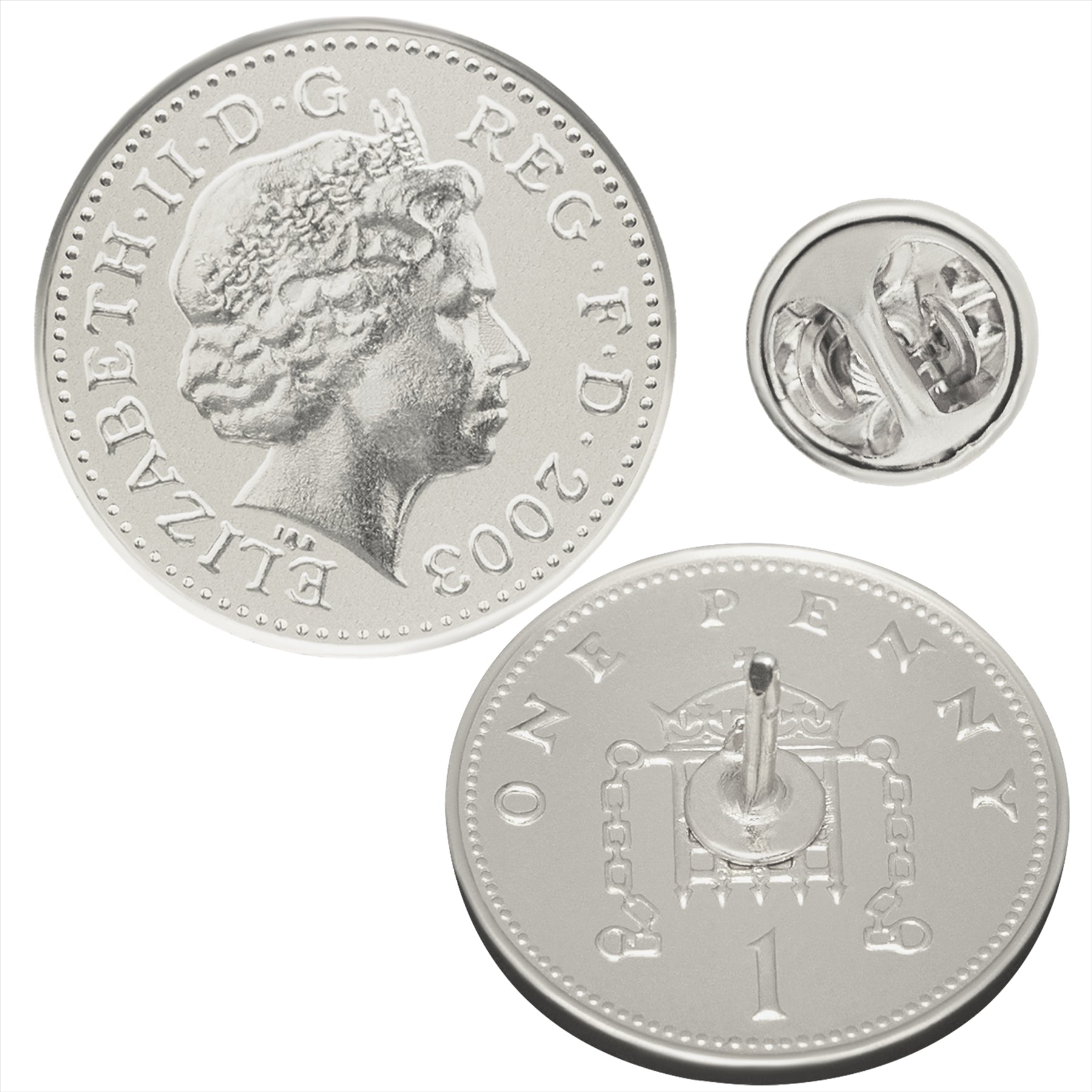 British Coin Pin Brooch Badge | Vintage Collectible Jewelry | Nickel Plated One 1 Penny | Queen Elizabeth II