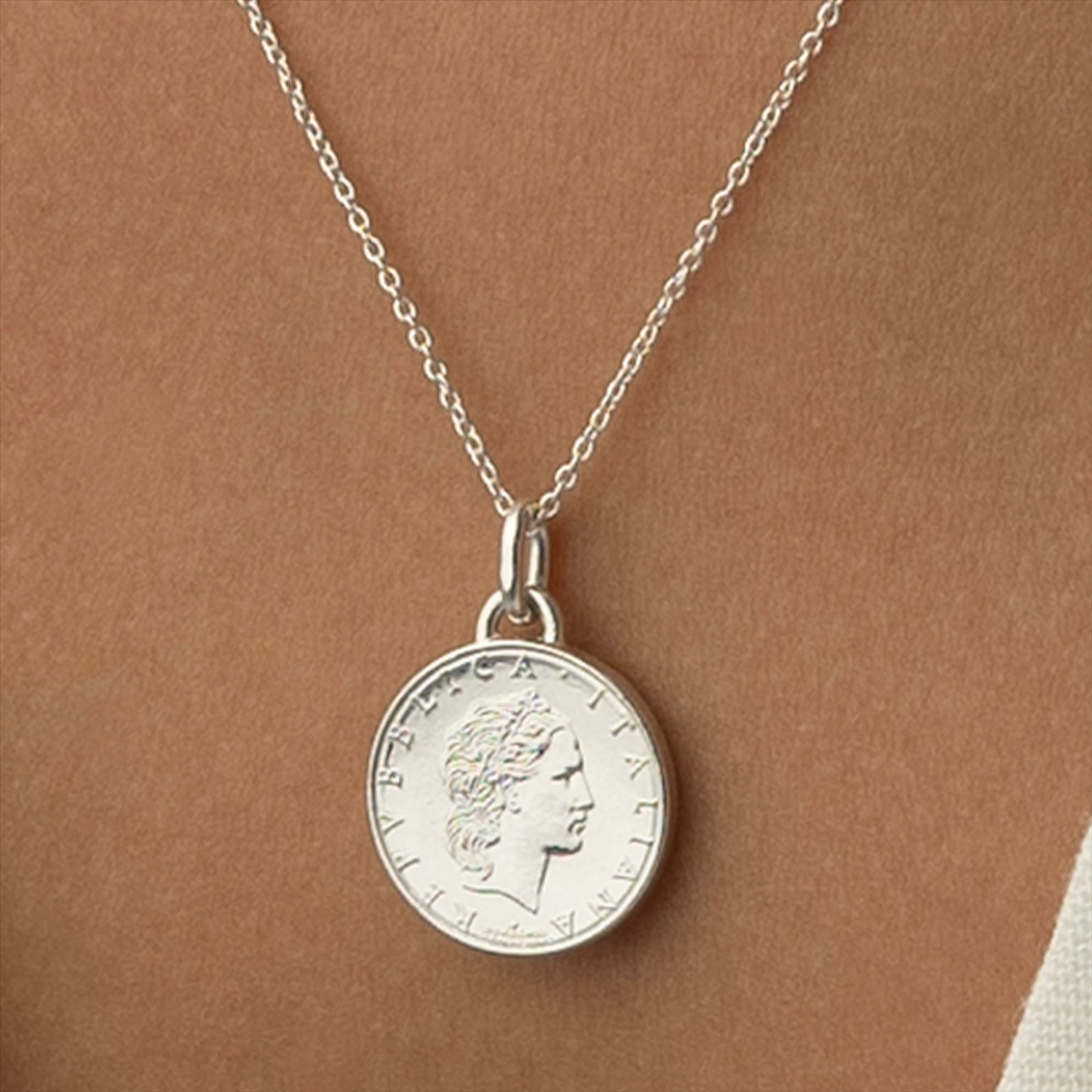 Italian Coin Necklace | Medallion Pendant Jewelry | Rhodium Plated 50 Lira | 1990 - 1995