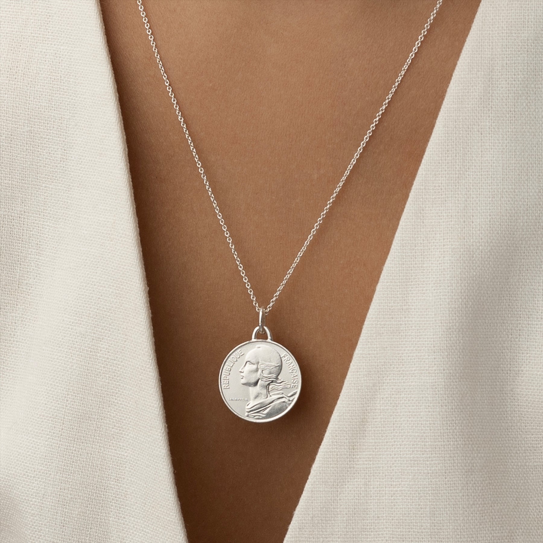 French Coin Necklace | Medallion Pendant Jewelry | Rhodium Plated 10 Centimes | 1966 - 2001