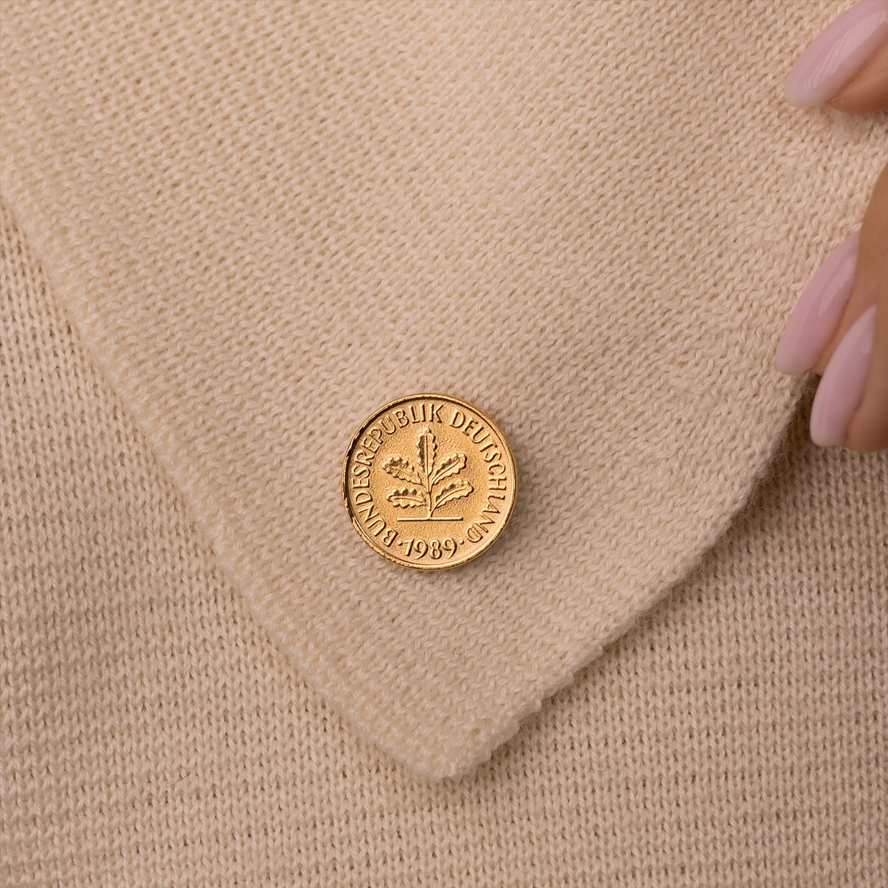 German Coin Pin Brooch Badge | Vintage Collectible Jewelry | 5 Pfennig 18K Gold Plated | Oak Seedling | German Roots