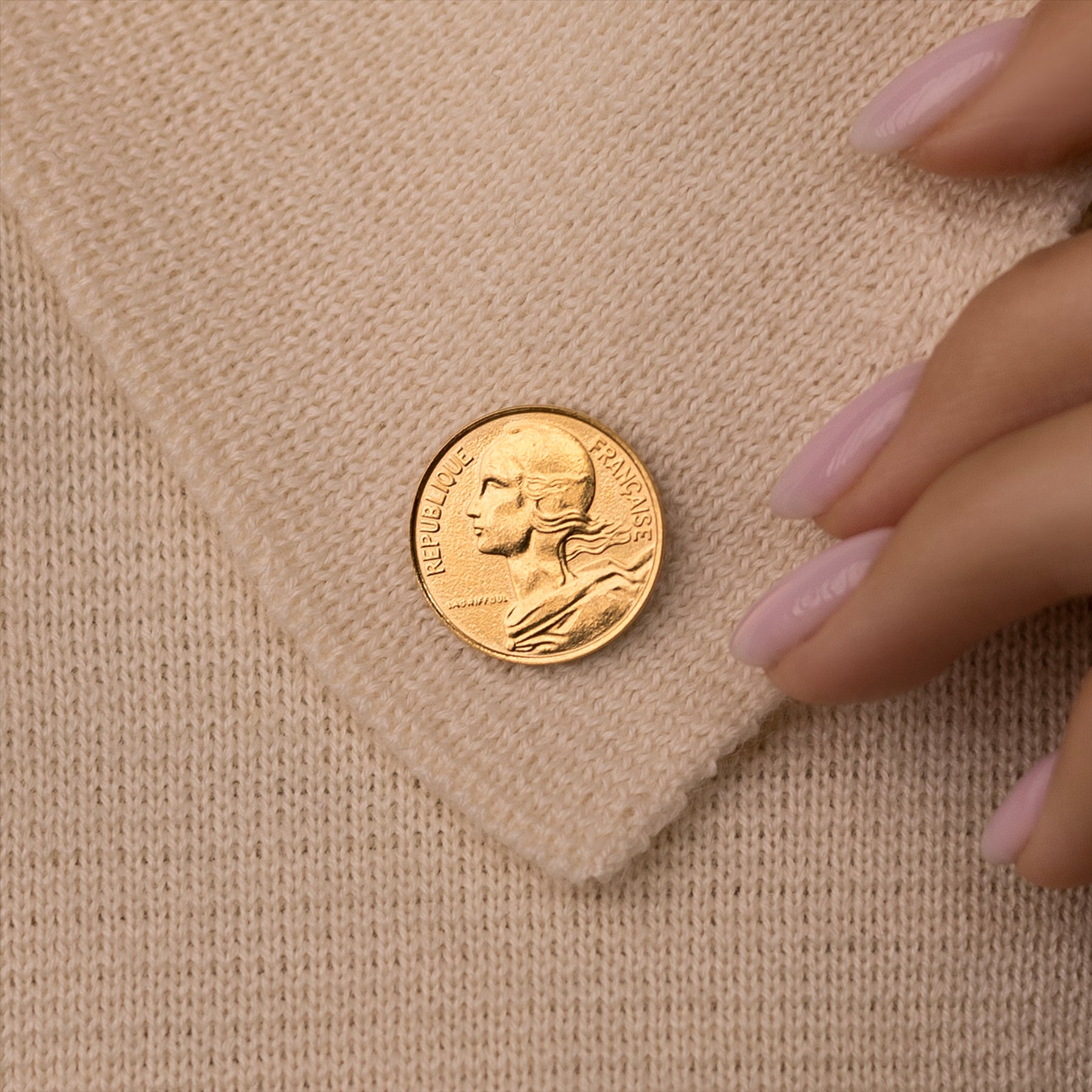 French Coin Pin Brooch Badge | Vintage Collectible Jewelry | 10 Centimes 18K Gold Plated | Goddess of Liberty Equality Fraternity