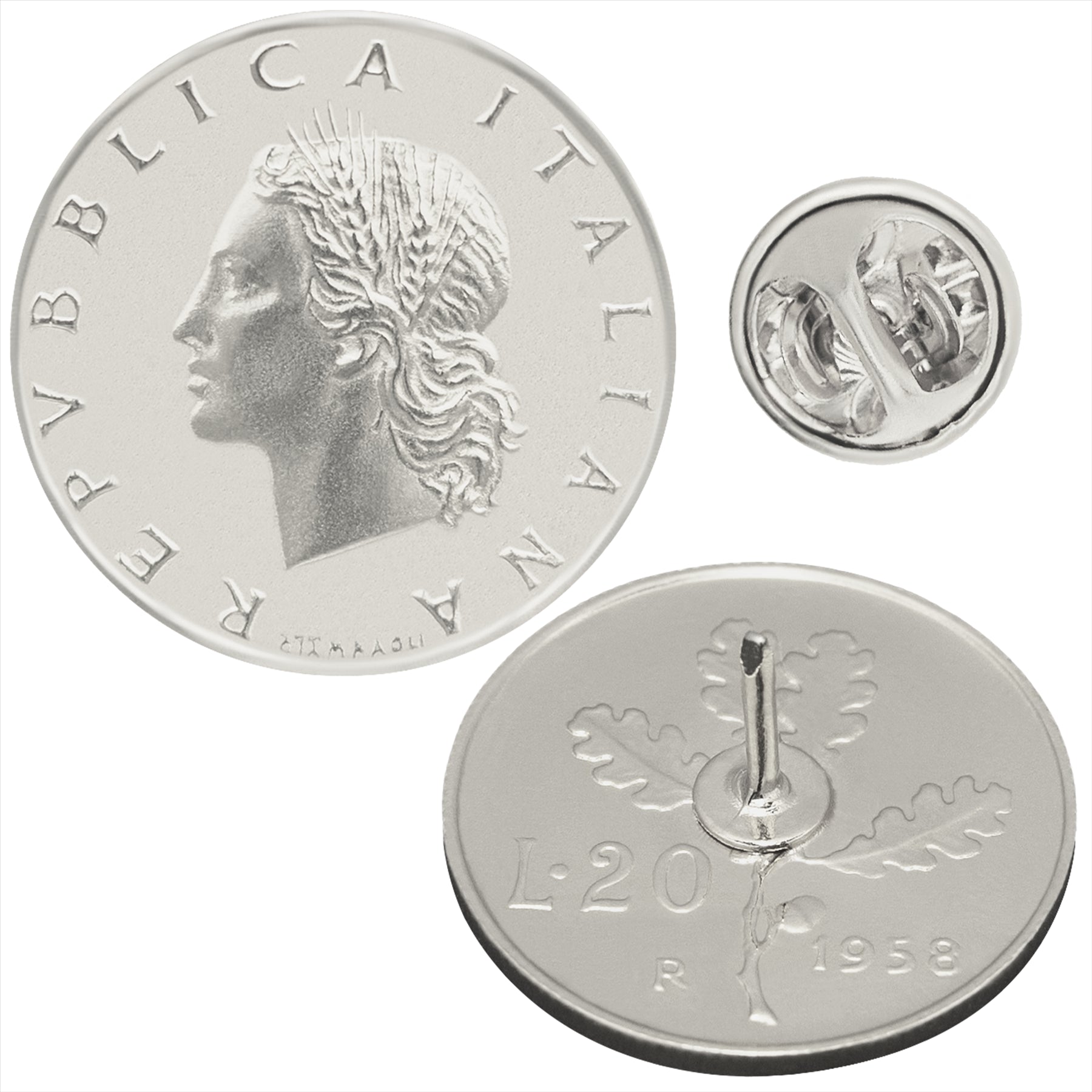 Italian Coin Pin Brooch Badge | Vintage Collectible Jewelry | 20 Lire Nickel Plated | Goddess Roma