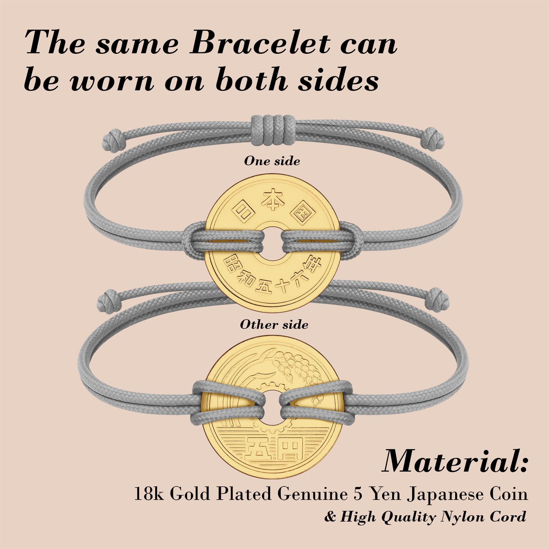 Good Luck Coin Bracelet | Gray String Thread Wristband | Japan Coin 5 Yen | 18k Gold Plated Fortune Wealth & Protection