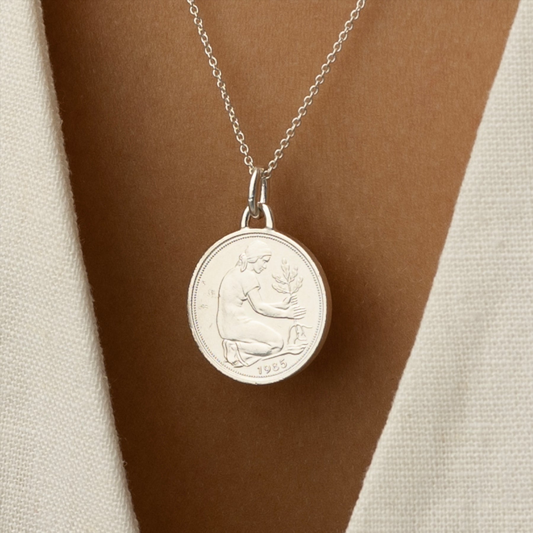 German Coin Necklace | Medallion Pendant Jewelry | Rhodium Plated 50 Pfennigs | 1950 - 2001
