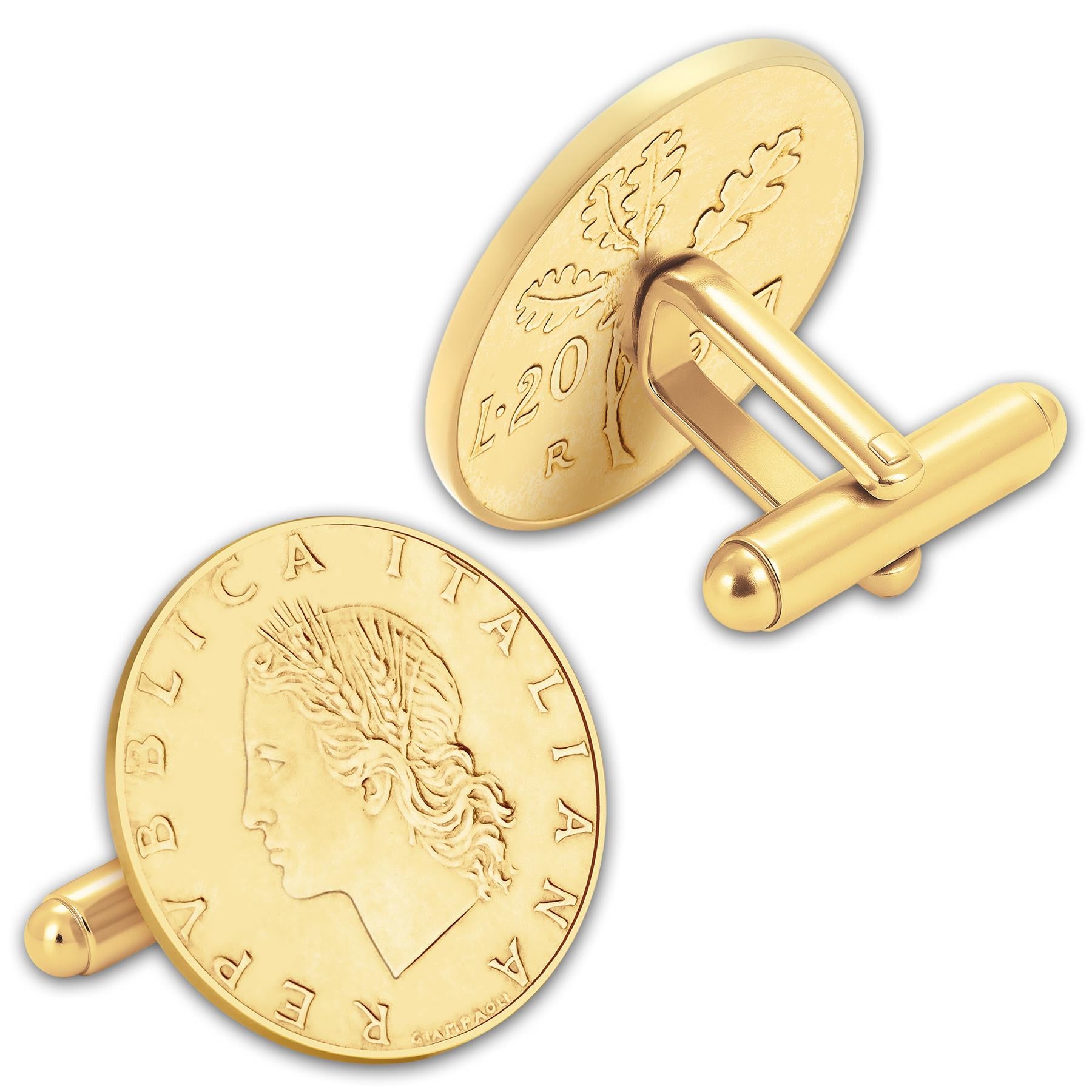 Gold Plated Italian 20 Lire Coin Cufflinks | Oak Branch Design | Vintage Italy Gift