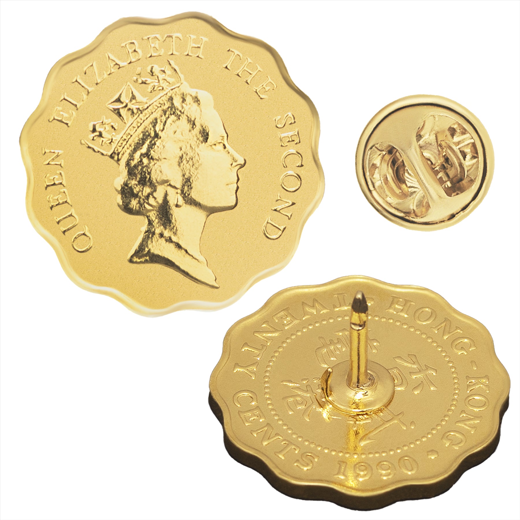 Hong Kong Coin Pin Brooch Badge | Vintage Collectible Jewelry | 20 Cents 18K Gold Plated | Queen Elizabeth II