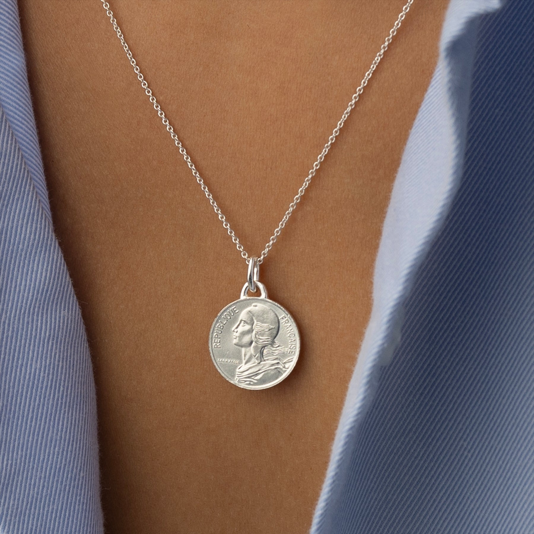 French Coin Necklace | Medallion Pendant Jewelry | Rhodium Plated 5 Centimes | 1966 - 2001