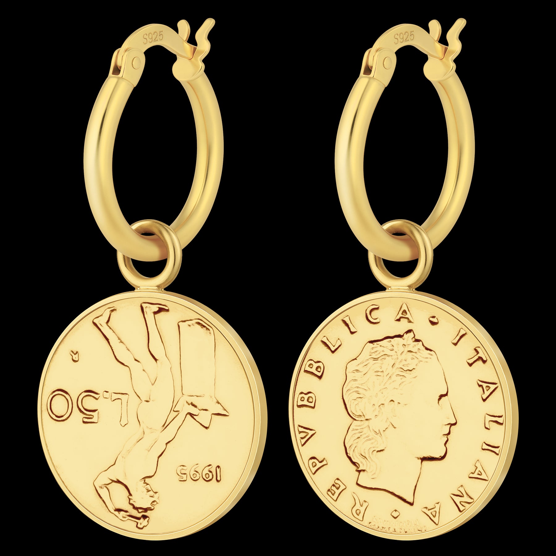Silver Hoop Earrings | Italian 50 Lire Coin Charms | 18K Gold Plated