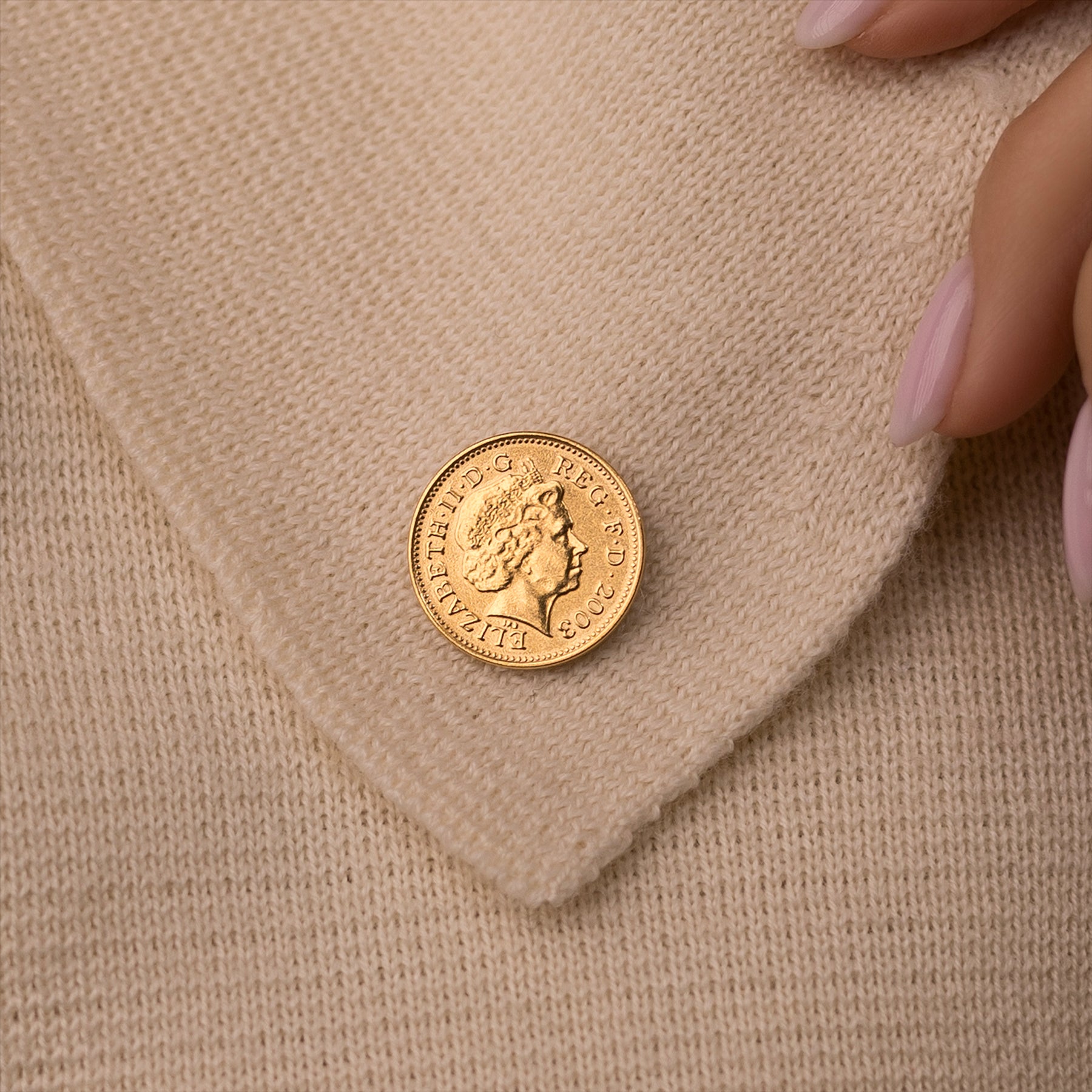 British Coin Pin Brooch Badge | Vintage Collectible Jewelry | 18K Gold Plated One 1 Penny | Queen Elizabeth II