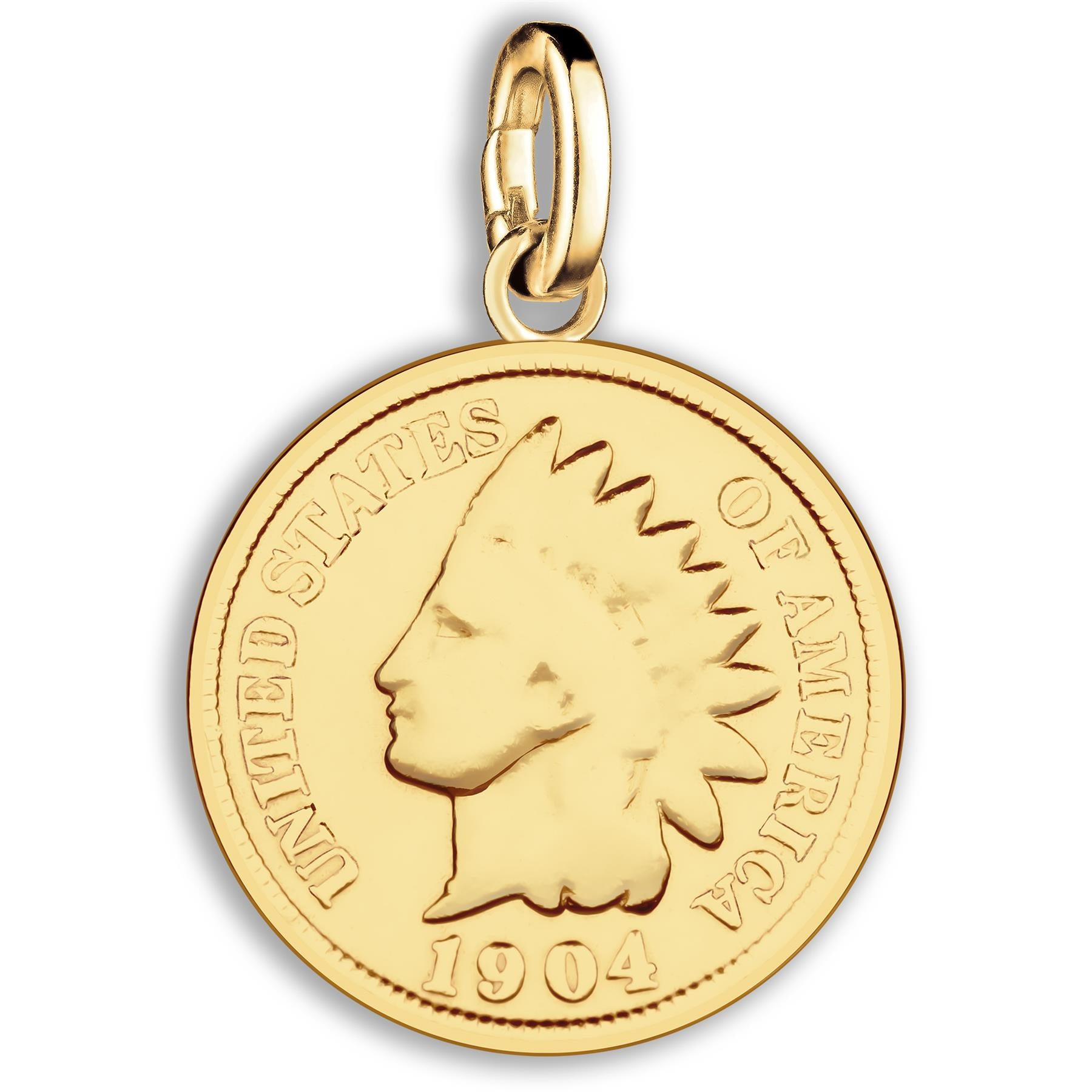 American 1 Indian Head Cent Coin Charm | 925 Sterling Silver 18K Gold Plated | 1864 - 1909