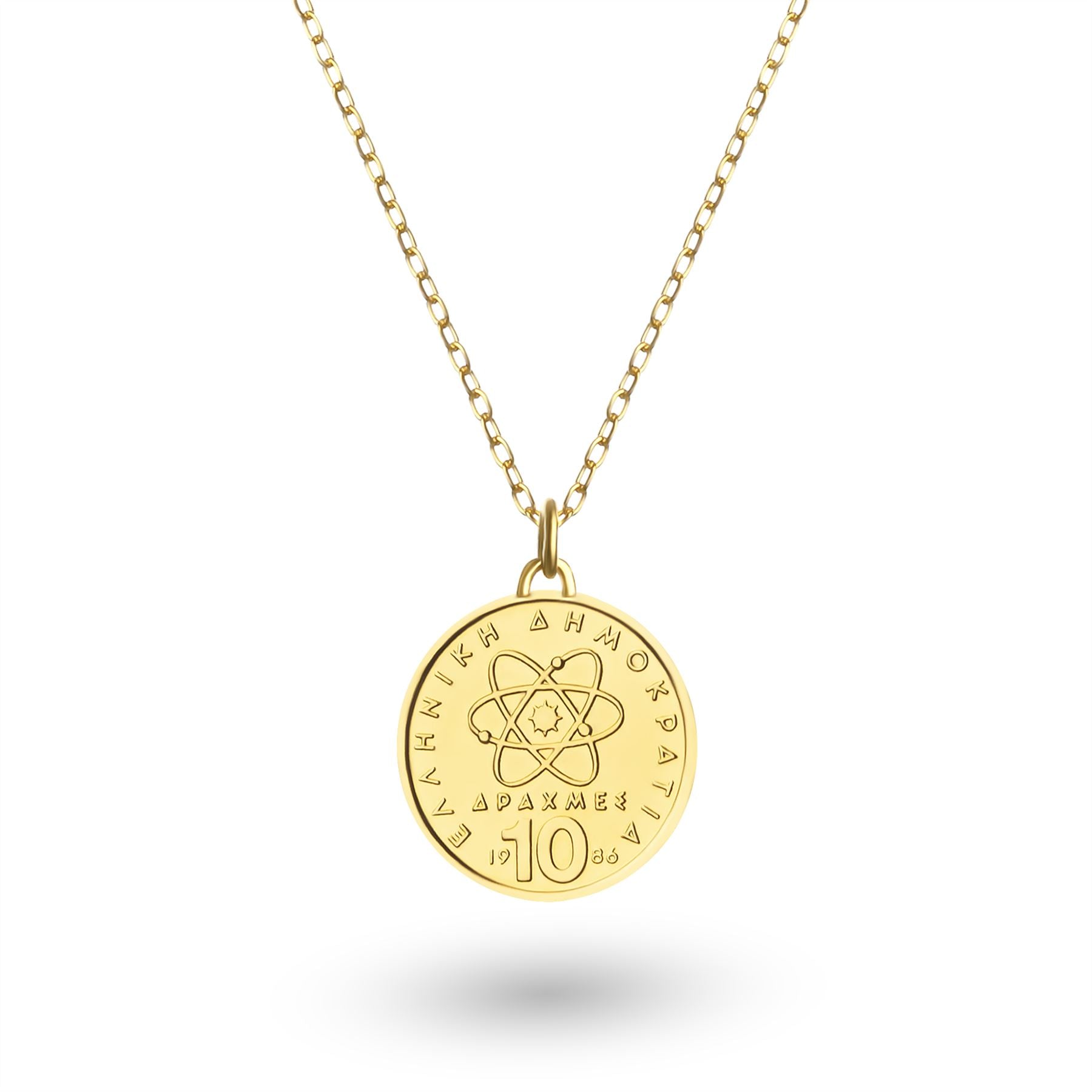 24K Gold Plated Genuine Greek 10 Drachmes Coin Necklace | Medallion | Democritus | 1976 - 2000