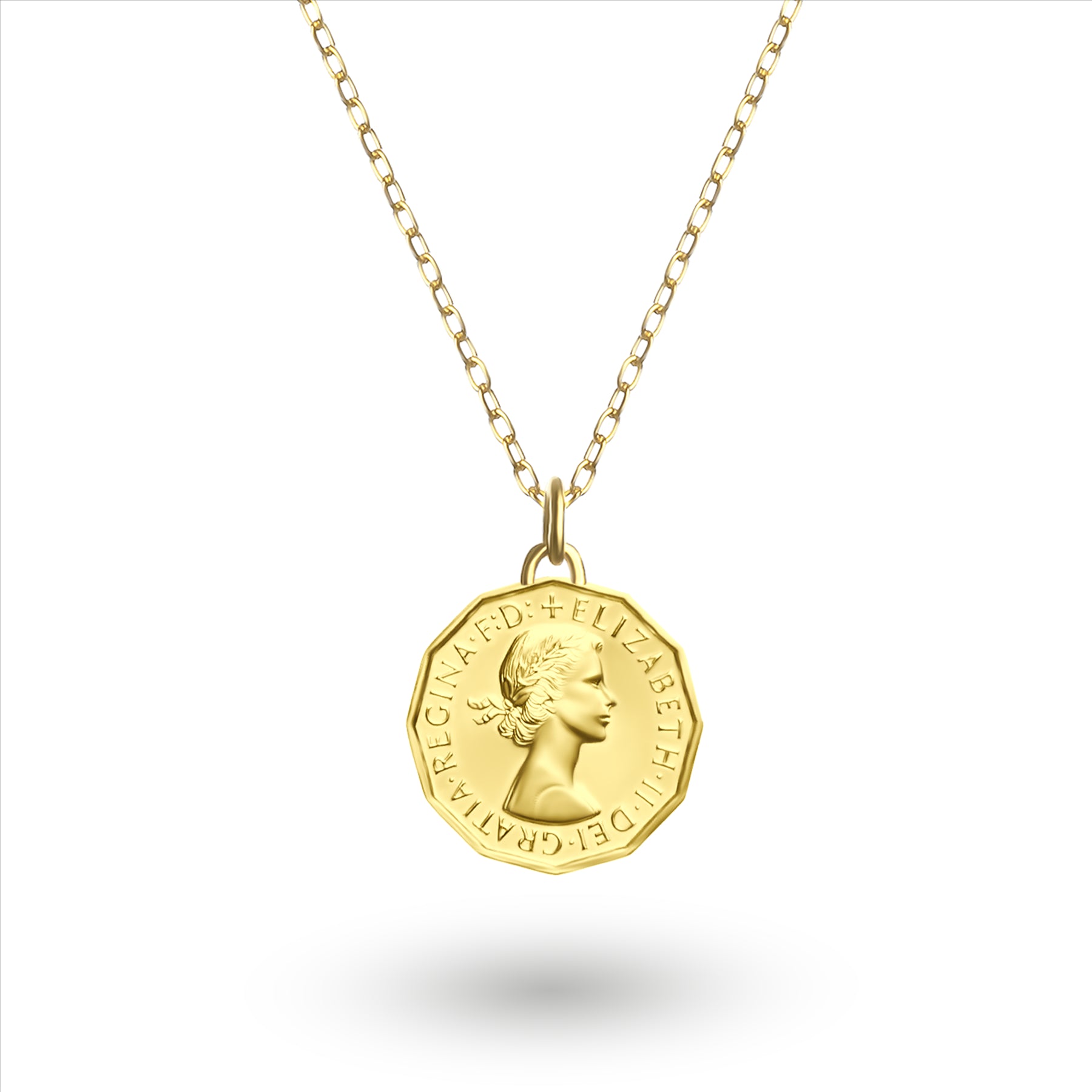 British Coin Necklace | Medallion Pendant Jewelry | 18K Gold Plated 3 Pence | Queen Elizabeth II | 1954 - 1970
