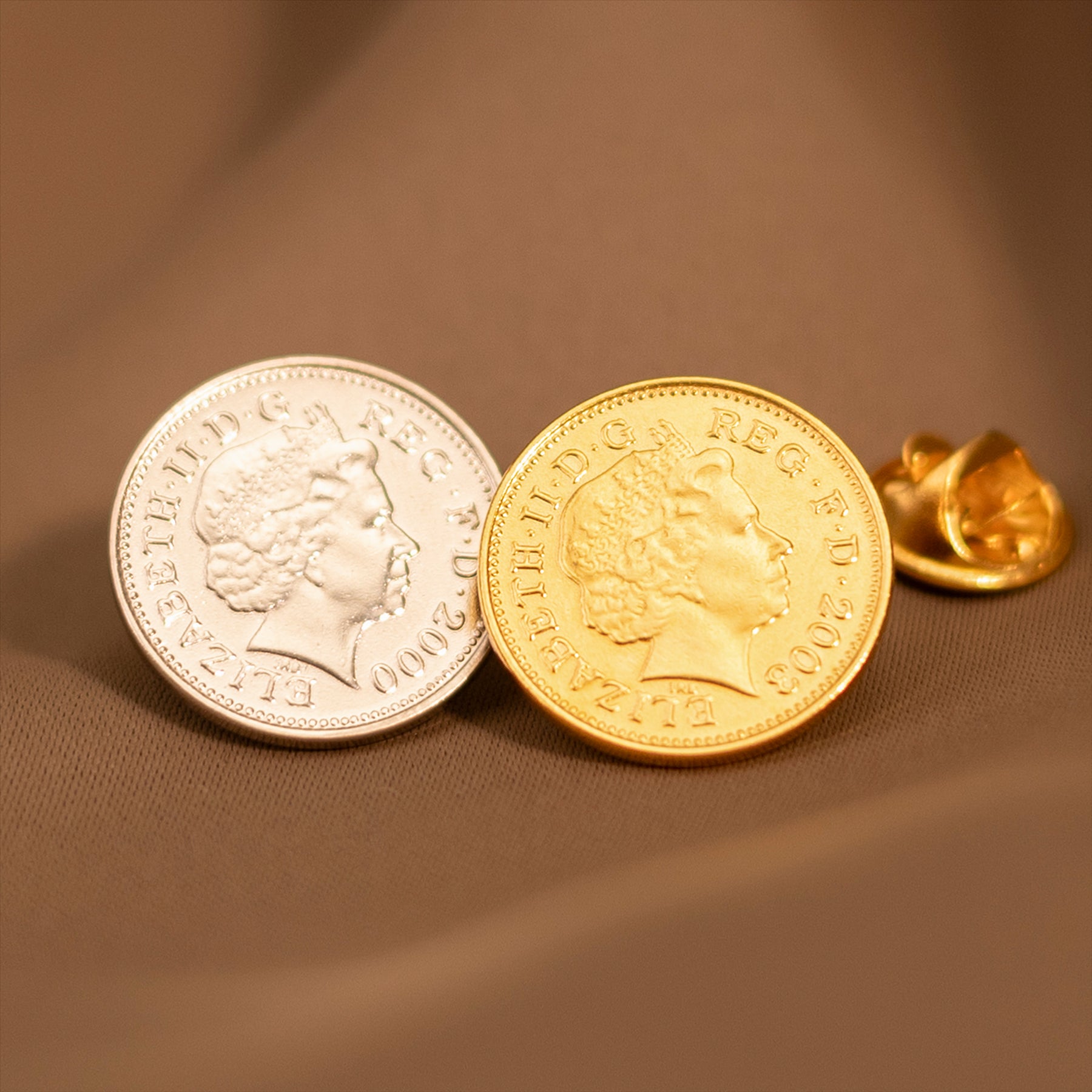 British Coin Pin Brooch Badge | Vintage Collectible Jewelry | 18K Gold Plated One 1 Penny | Queen Elizabeth II
