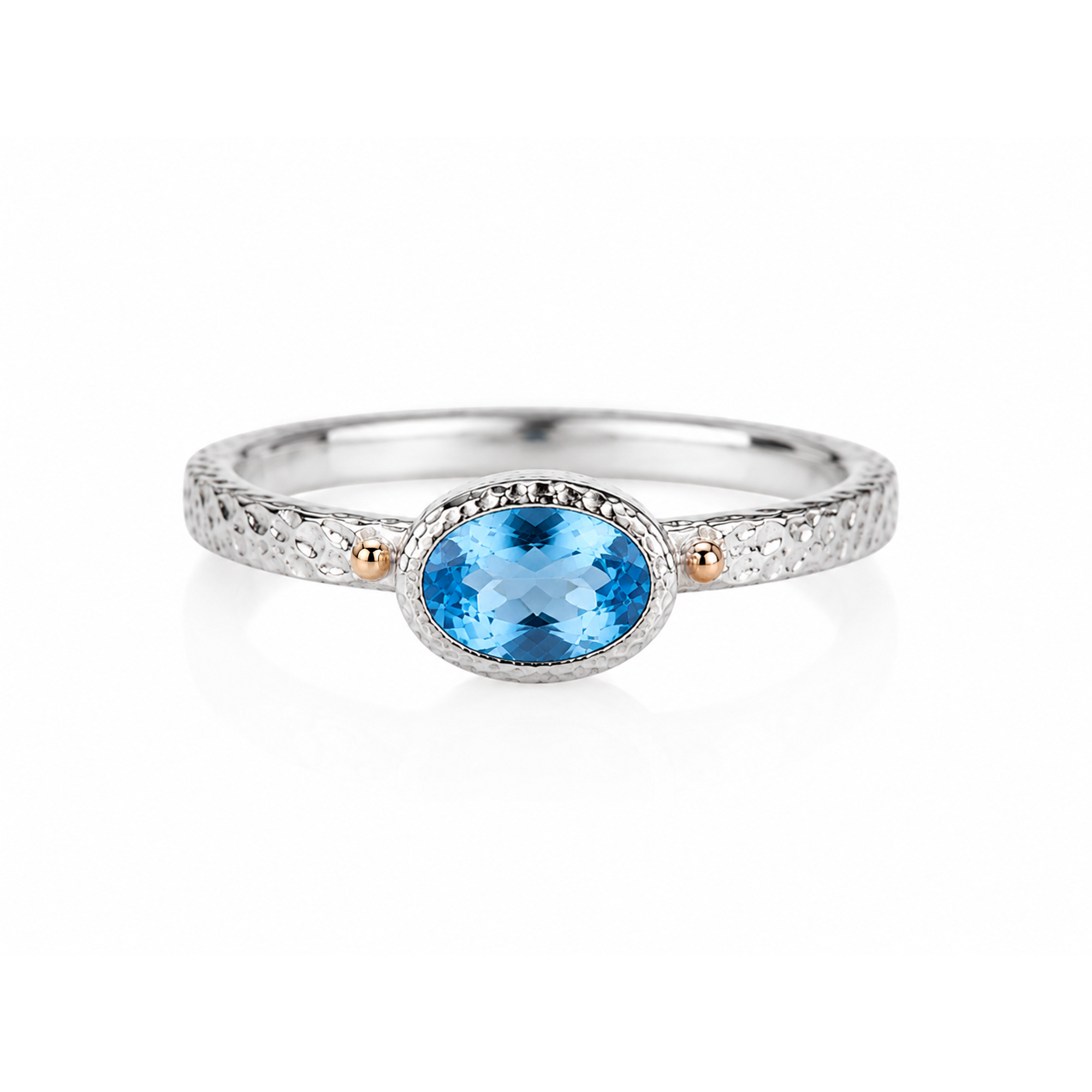 925 sterling silver ring with a natural Swiss Blue topaz and rose gold drops